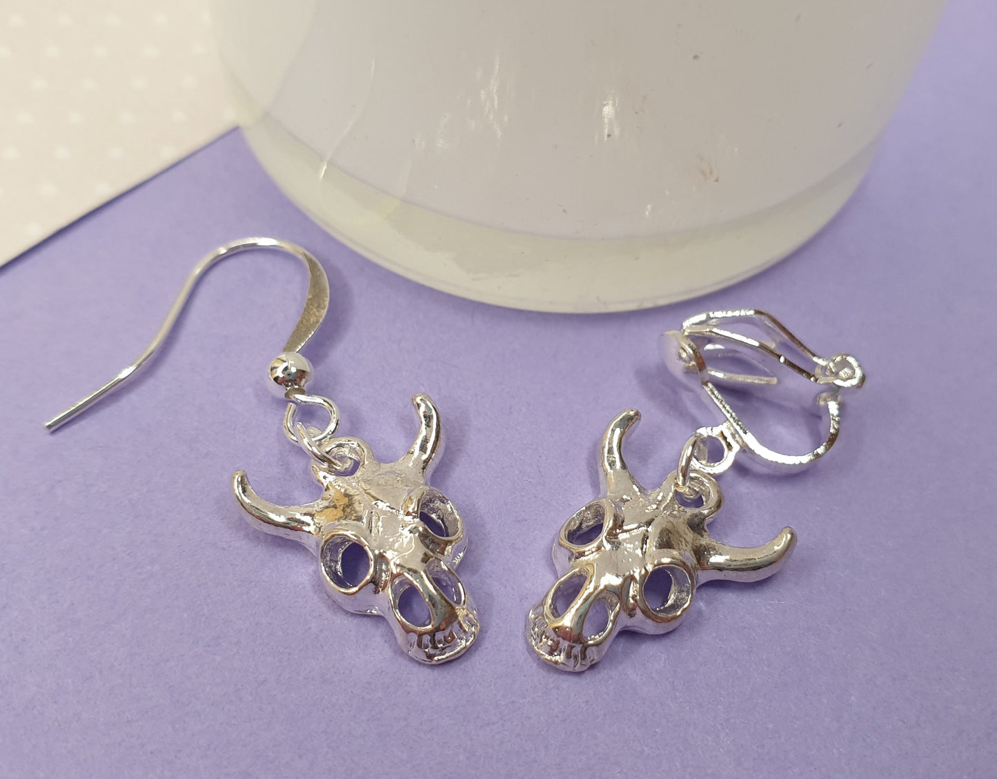 Animal Skull, Skull, Skeleton, Small Skull Earrings. Halloween Clip On Hypoallergenic, Allergy Free Stocking Filler