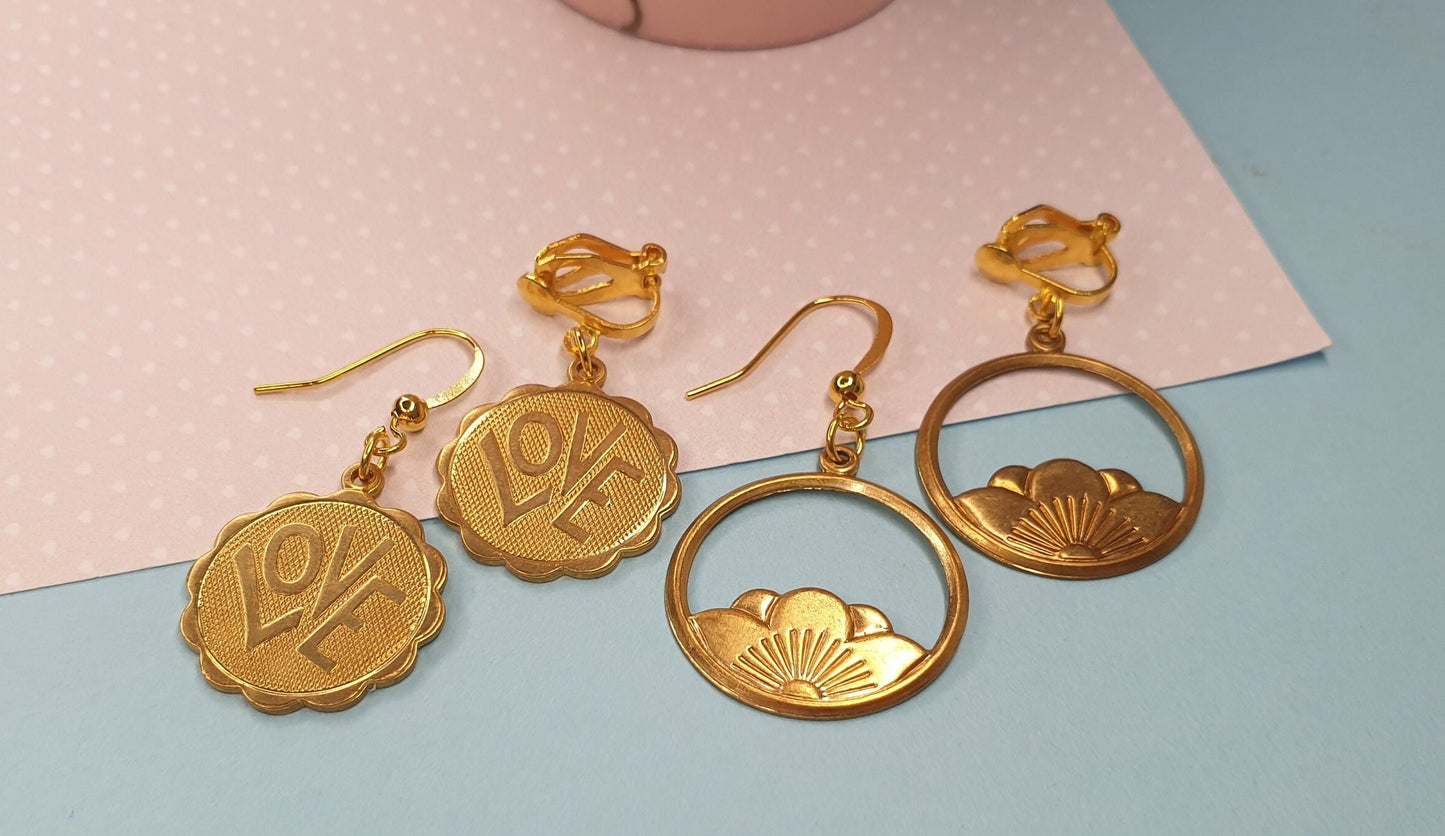 Circular Drop Earrings - Lotus Flower or Love Brass/Gold Mothers Day Gift Clip On, Hypoallergenic, Allergy, Lead, Nickel Free