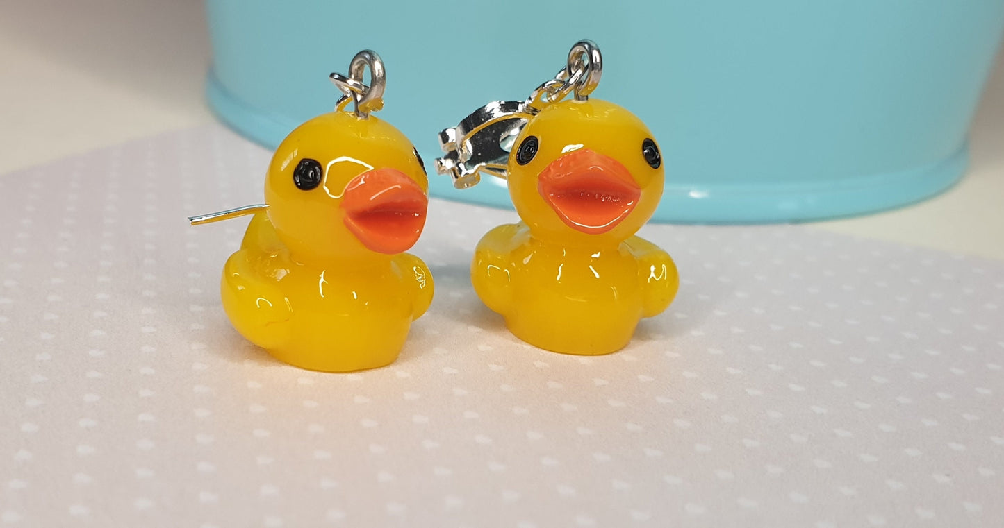 Rubber Duck Earrings. 3D Yellow Duck. Clip On, Hypoallergenic, Allergy, Lead, Nickel Free. Gift, Quirky, Novelty