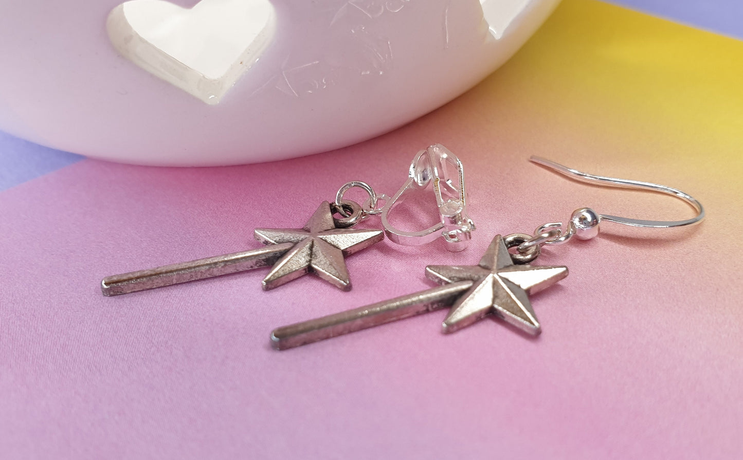 Hand Held Mirror, Magic Wand, Tiara / Crown Silver Earrings. Fairytale, Princess, Gift, Clip On, Hypoallergenic, Allergy, Lead, Nickel Free