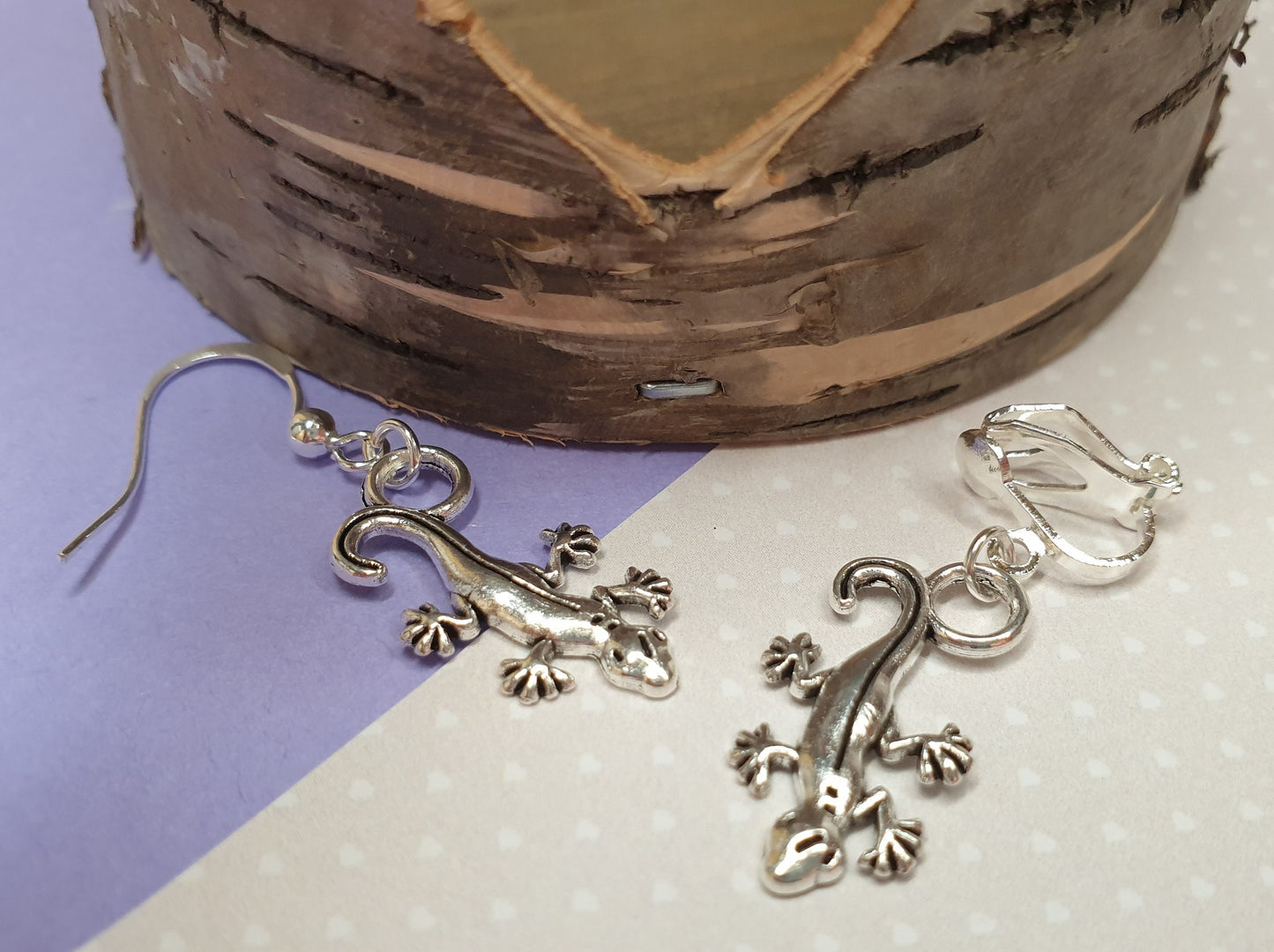 Snake and Gecko Lizard Silver Earrings. Animals, Reptiles. Clip On, Hypoallergenic, Allergy, Lead, Nickel Free