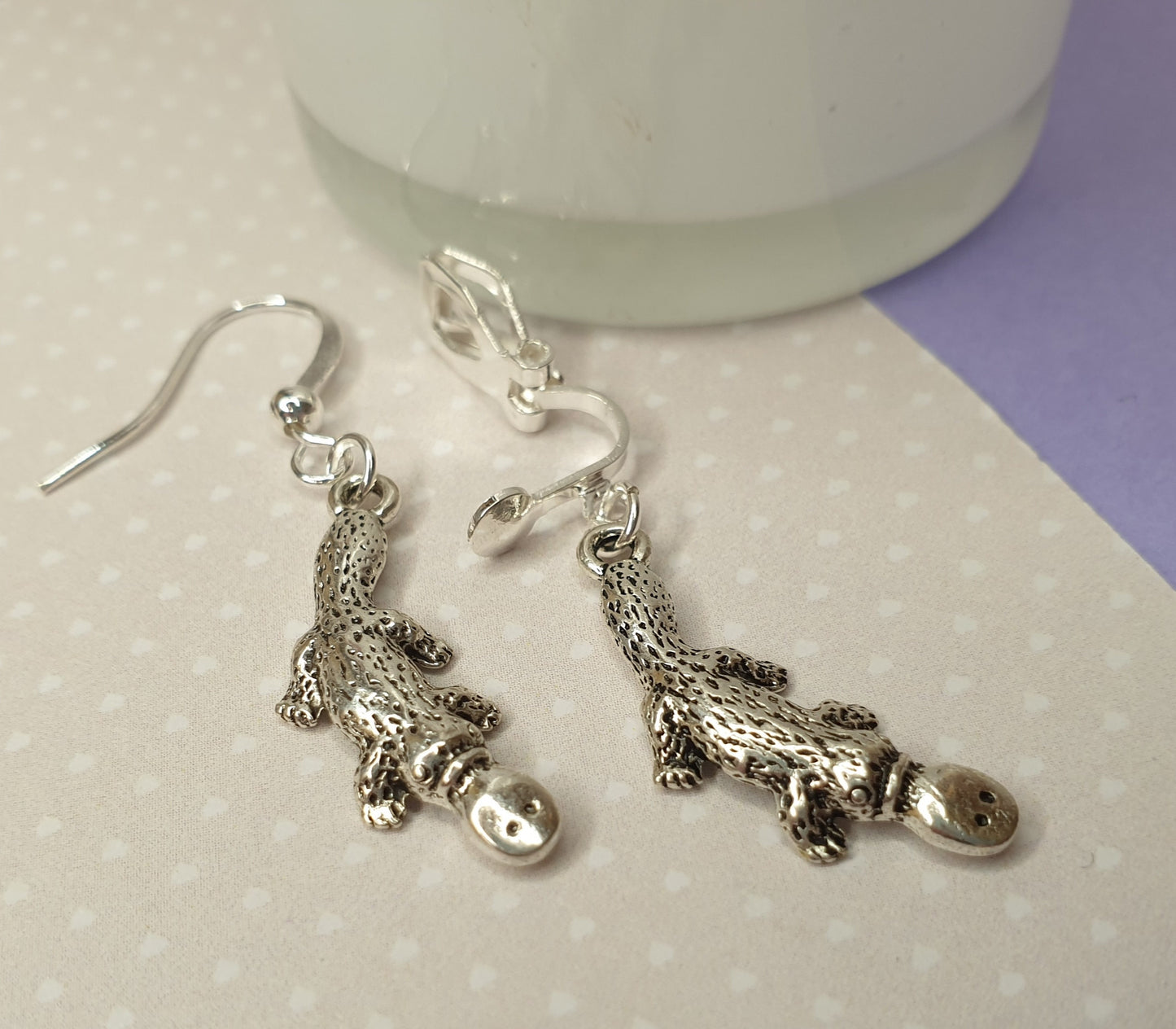 Duck Billed Platypus or Koala Earrings, Silver. Animals, Australia, Gift. Clip On, Hypoallergenic, Allergy, Lead, Nickel Free