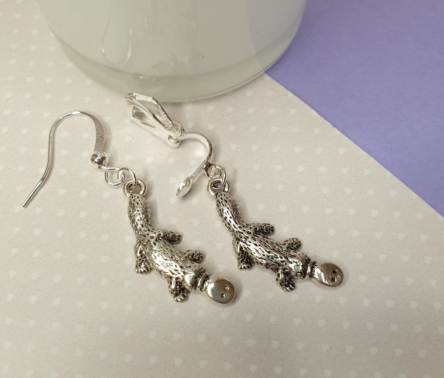Duck Billed Platypus or Koala Earrings, Silver. Animals, Australia, Gift. Clip On, Hypoallergenic, Allergy, Lead, Nickel Free
