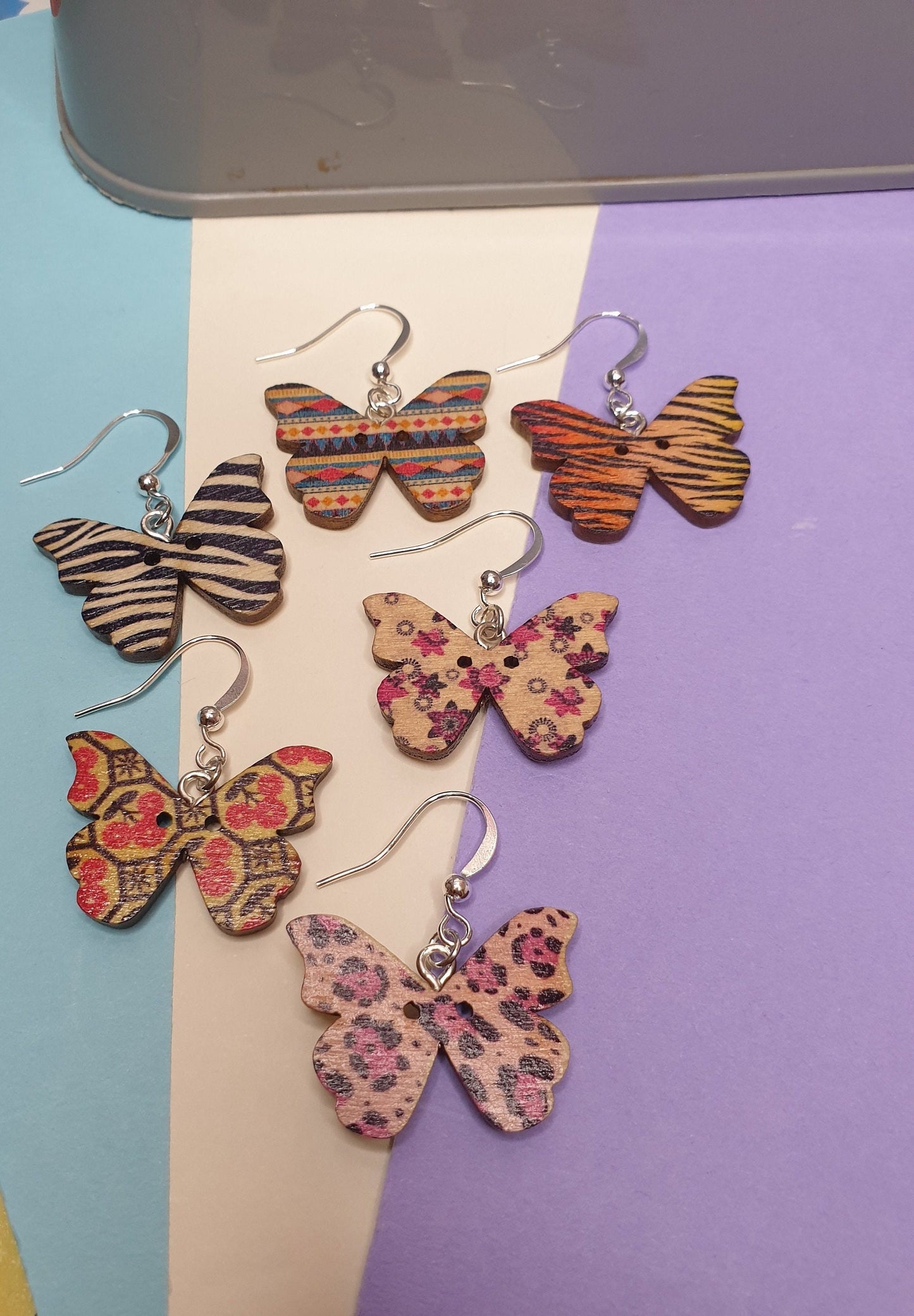 Patterned Wooden Butterfly Drop Earrings - Zebra Print, Tiger Print, Leopard Spots, Floral Hypoallergenic Lead Nickel Free, Mothers Day