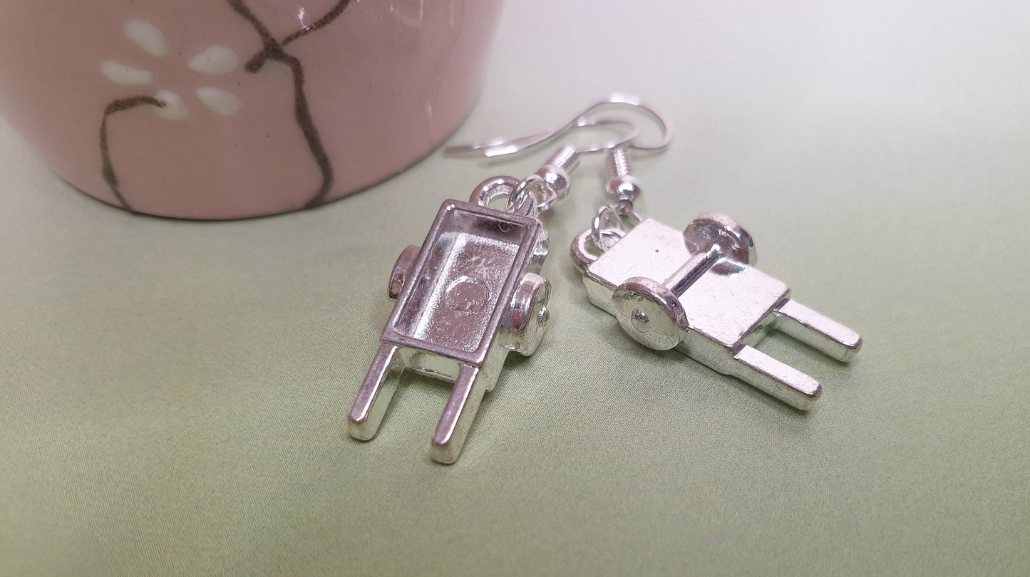 Wheelbarrow or Wine Bottle Silver Earrings. Hypoallergenic, Allergy, Nickel, Lead Free. Gardening, Prosecco, Garden