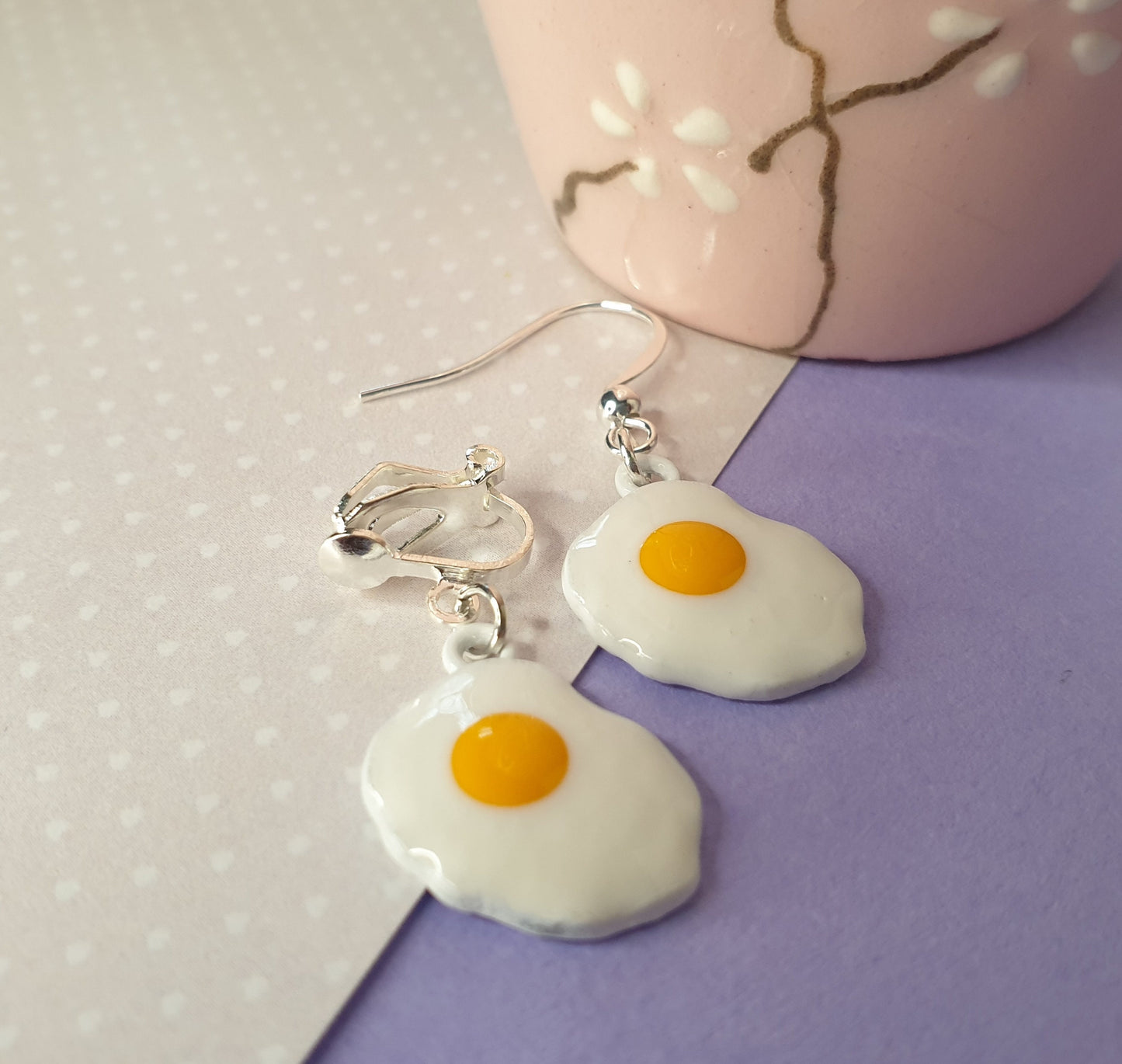 Fried Egg Dangle/Drop Earrings Novelty Food Clip On, Hypoallergenic, Allergy Free, Lead and Nickel Free Stocking Filler Easter