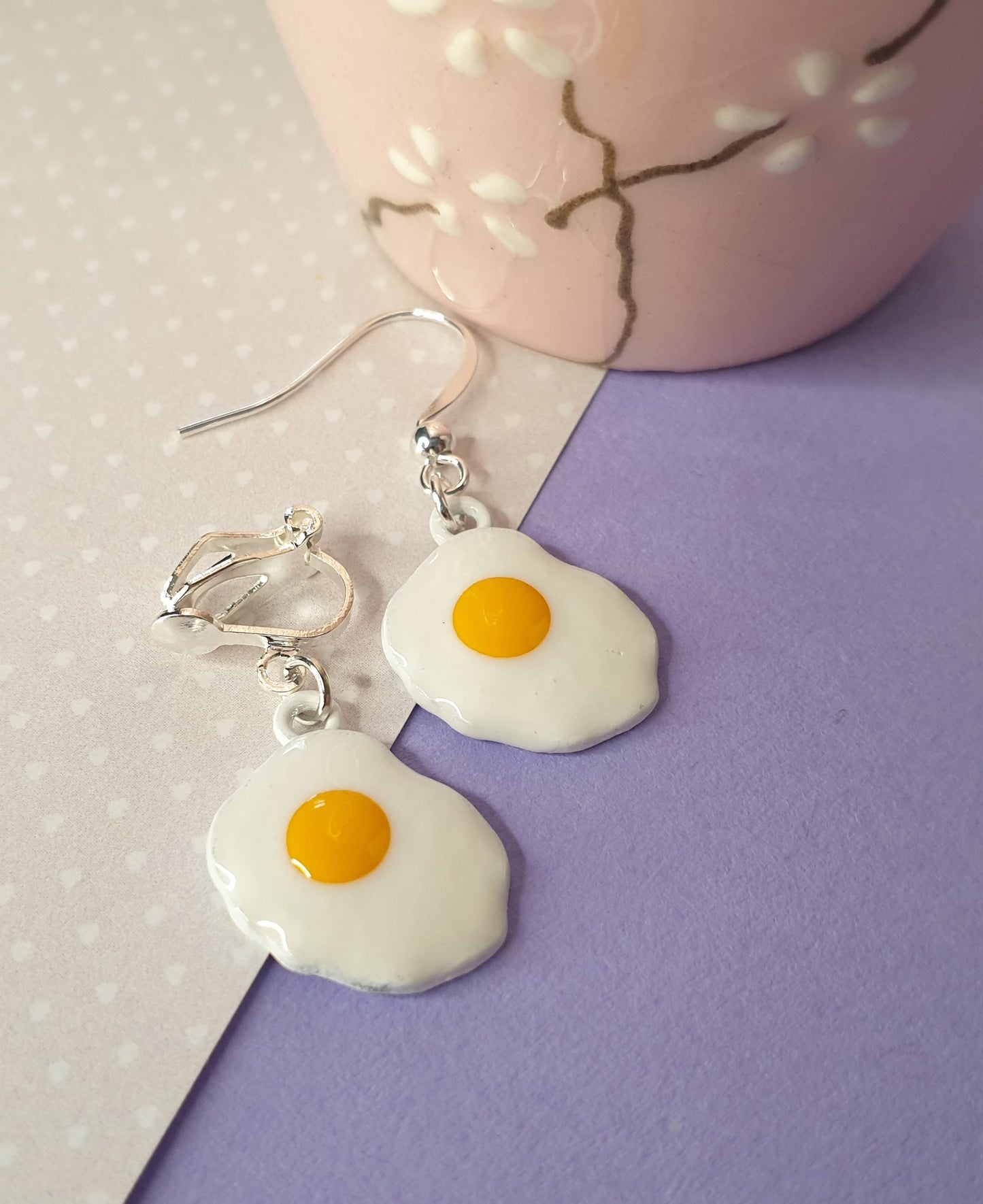Fried Egg Dangle/Drop Earrings Novelty Food Clip On, Hypoallergenic, Allergy Free, Lead and Nickel Free Stocking Filler Easter