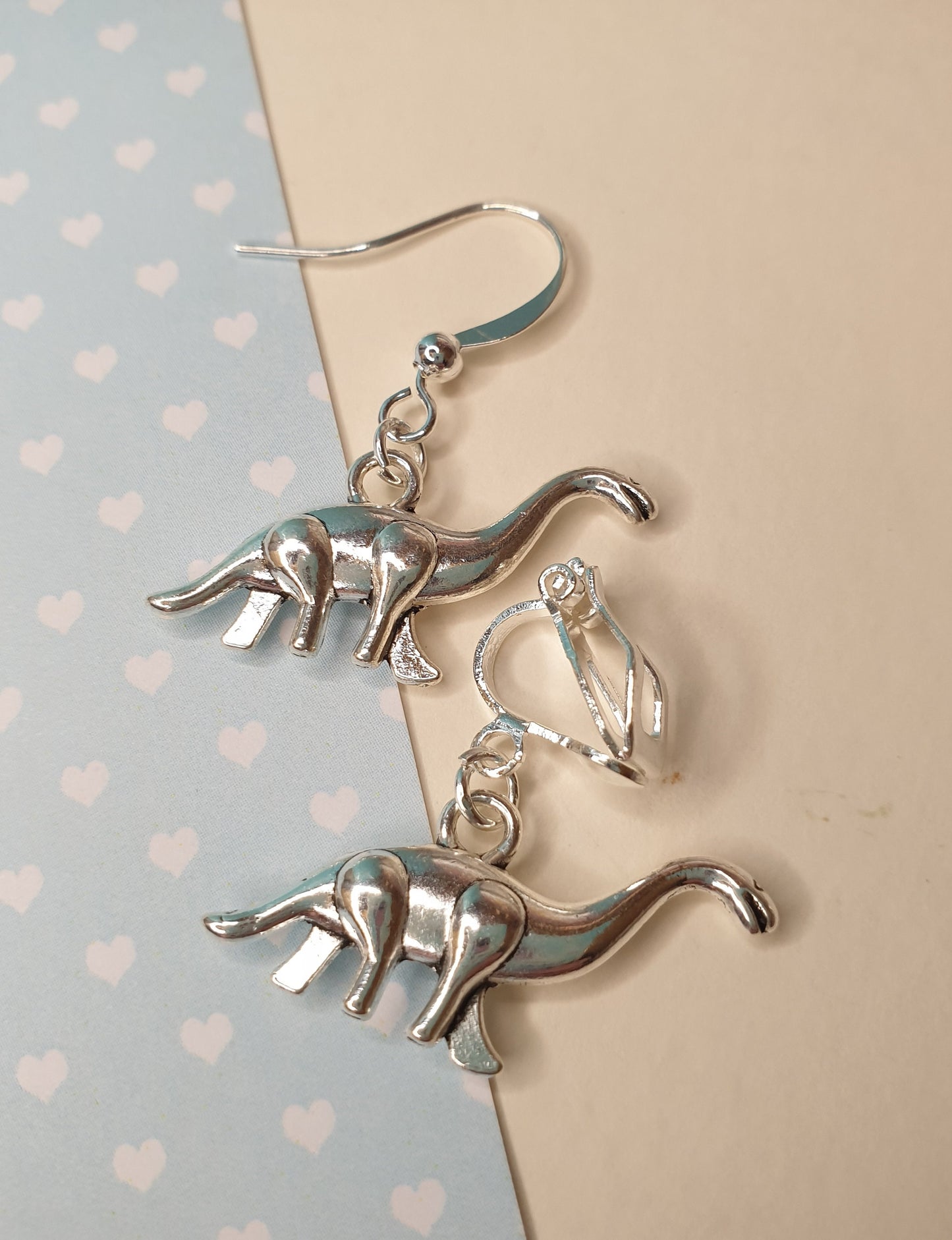 Silver Dinosaur Earrings - T Rex, Stegosaurus, Brontosaurus. Clip Ons, Hypoallergenic, Allergy, Lead, Nickel Free.