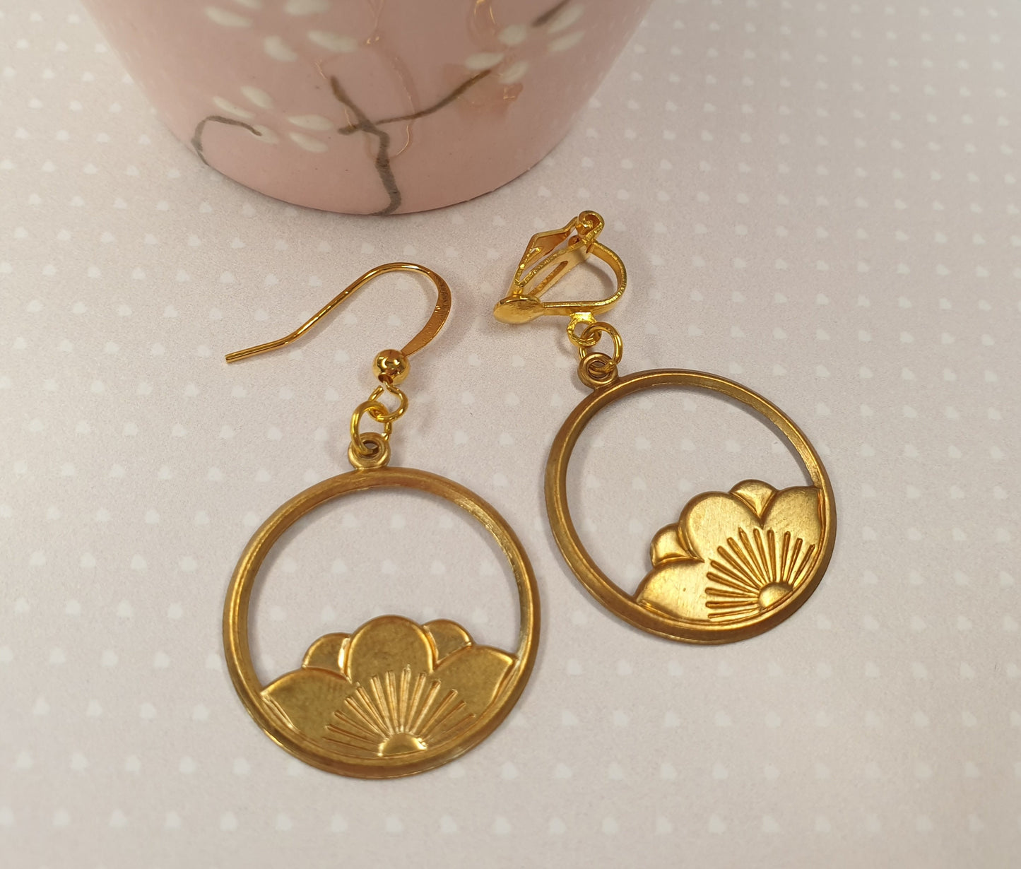 Circular Drop Earrings - Lotus Flower or Love Brass/Gold Mothers Day Gift Clip On, Hypoallergenic, Allergy, Lead, Nickel Free