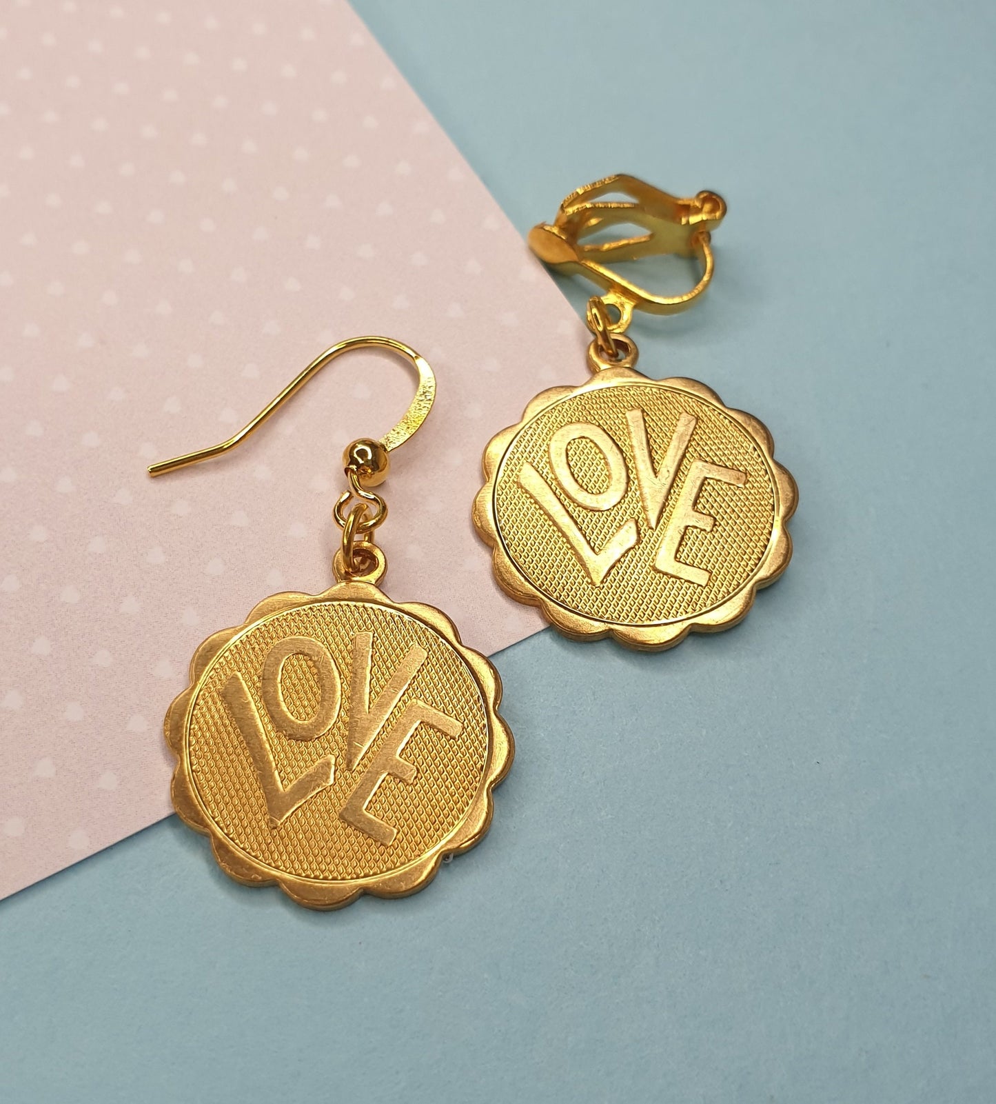 Circular Drop Earrings - Lotus Flower or Love Brass/Gold Mothers Day Gift Clip On, Hypoallergenic, Allergy, Lead, Nickel Free
