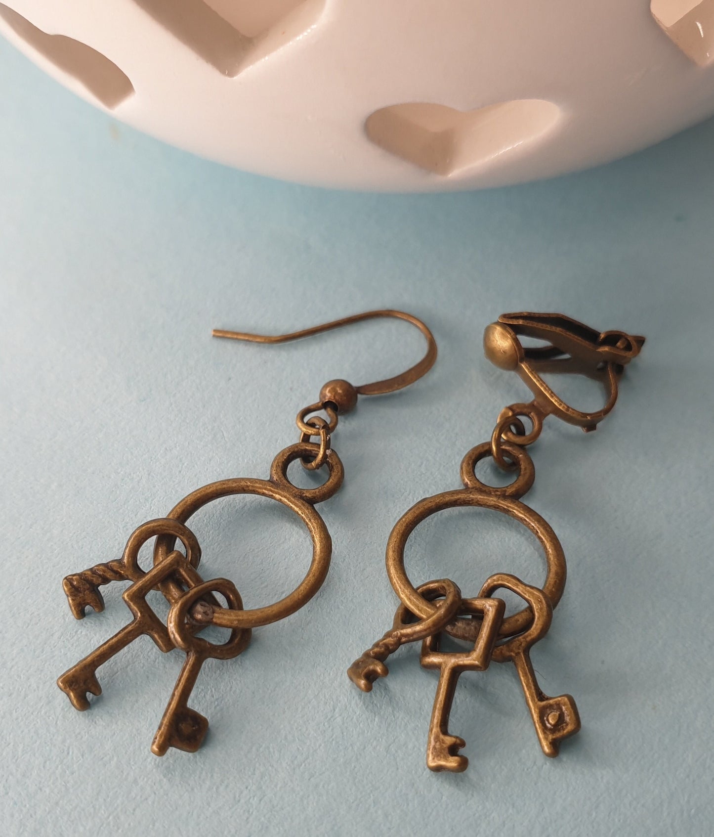 Padlock and Key Themed Drop Earrings, Bronze. Clip Ons, Hypoallergenic Lead Nickel Allergy Free Lock