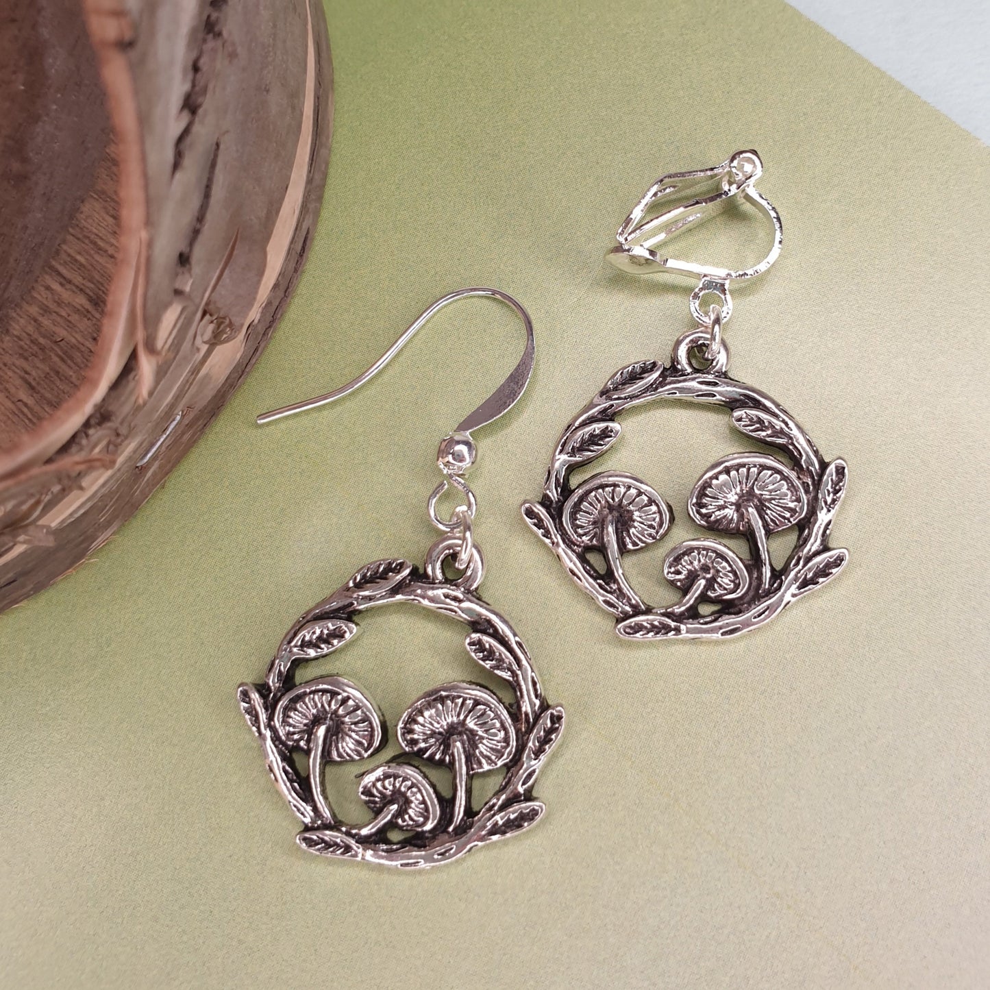 3D Acorns or Mushroom Toadstool Earrings. Silver Coloured. Clip On, Hypoallergenic, Allergy, Lead and Nickel Free
