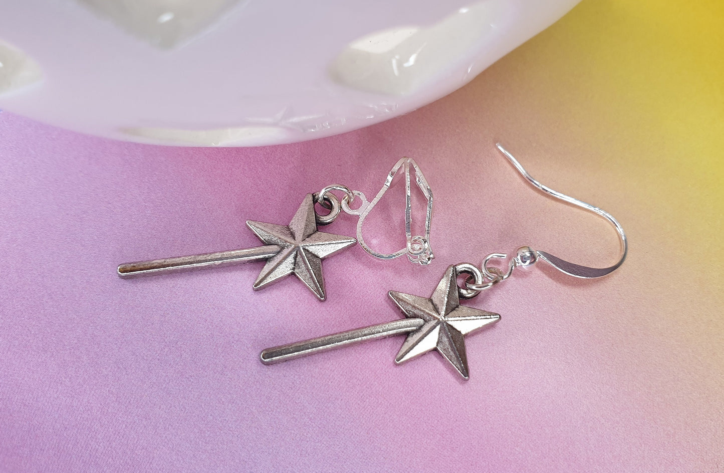 Hand Held Mirror, Magic Wand, Tiara / Crown Silver Earrings. Fairytale, Princess, Gift, Clip On, Hypoallergenic, Allergy, Lead, Nickel Free