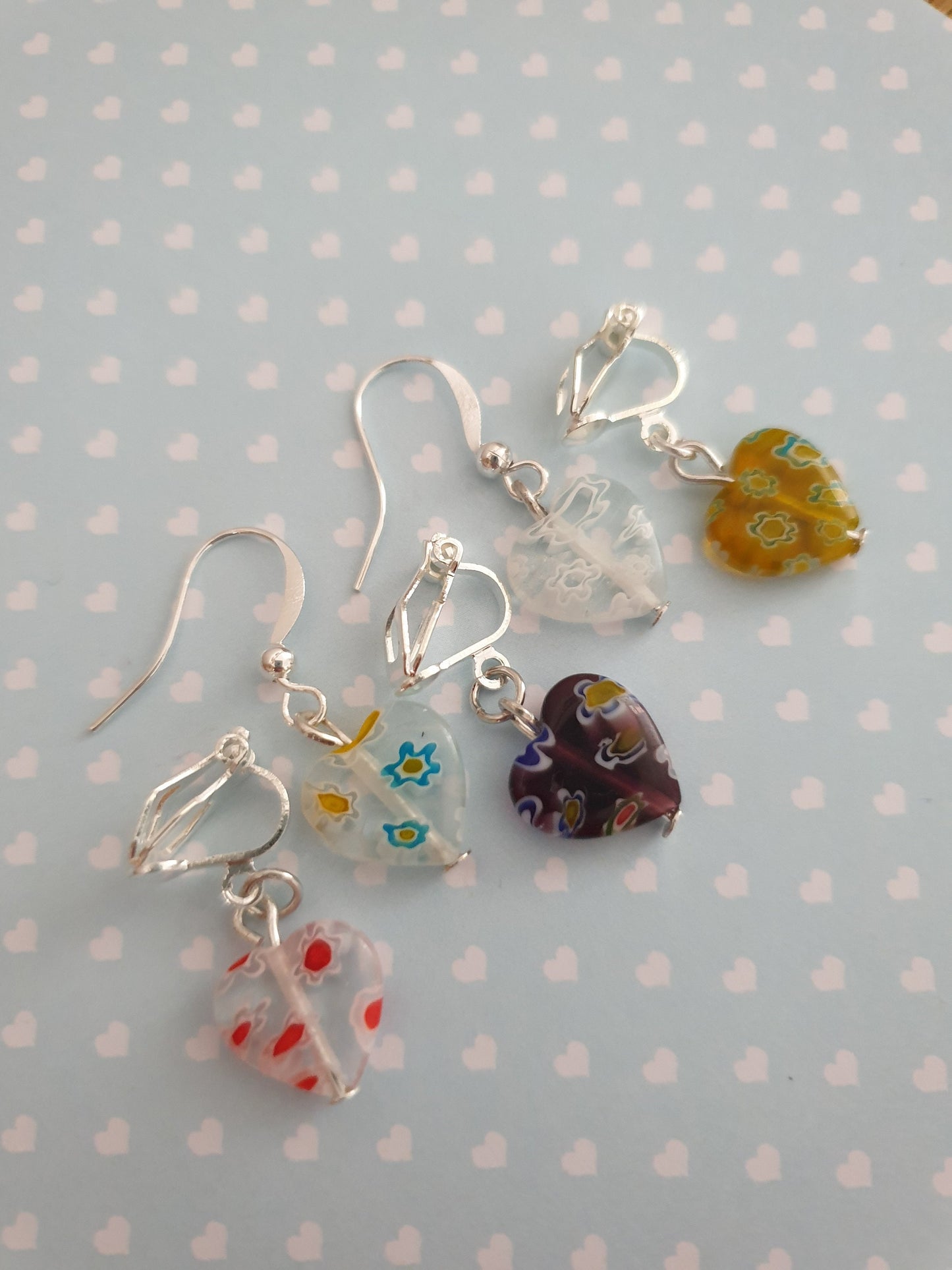 Millefiori Heart Glass Bead Earrings. Pretty, Floral, Gift. Clip On, Hypoallergenic, Allergy, Lead, Nickel Free