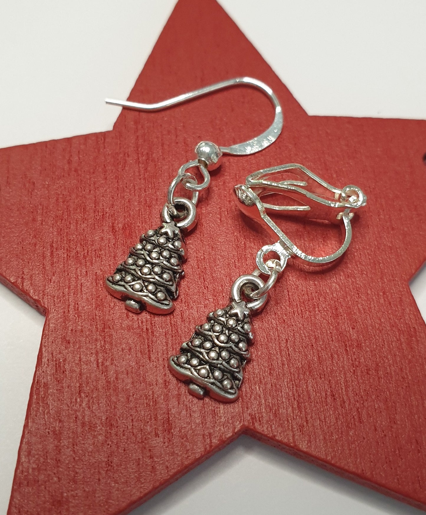 Christmas Tree Earrings. Silver, Xmas, Clip On, Hypoallergenic, Allergy, Nickel, Lead Free. Gift, Star