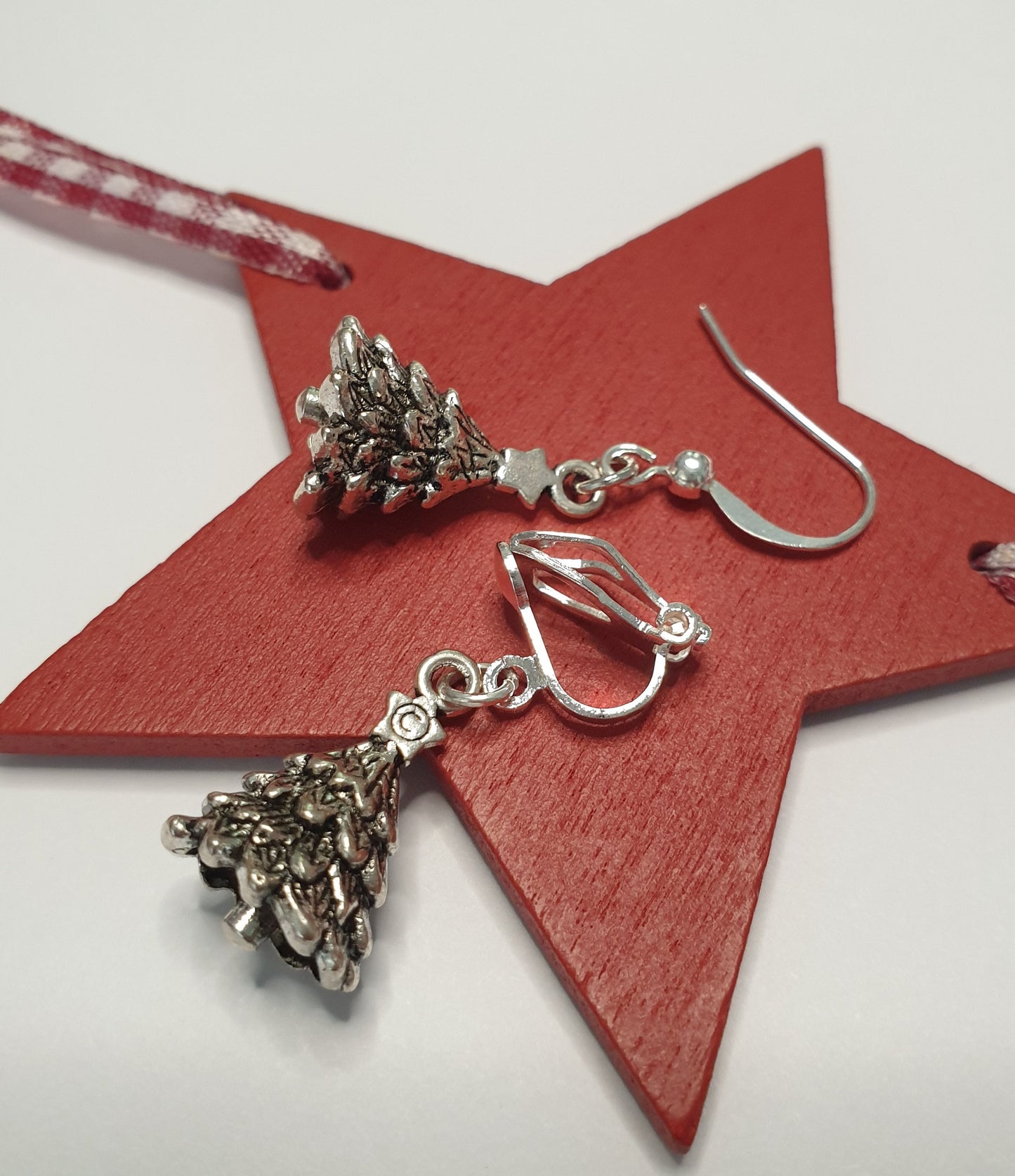 Christmas Tree Earrings. Silver, Xmas, Clip On, Hypoallergenic, Allergy, Nickel, Lead Free. Gift, Star