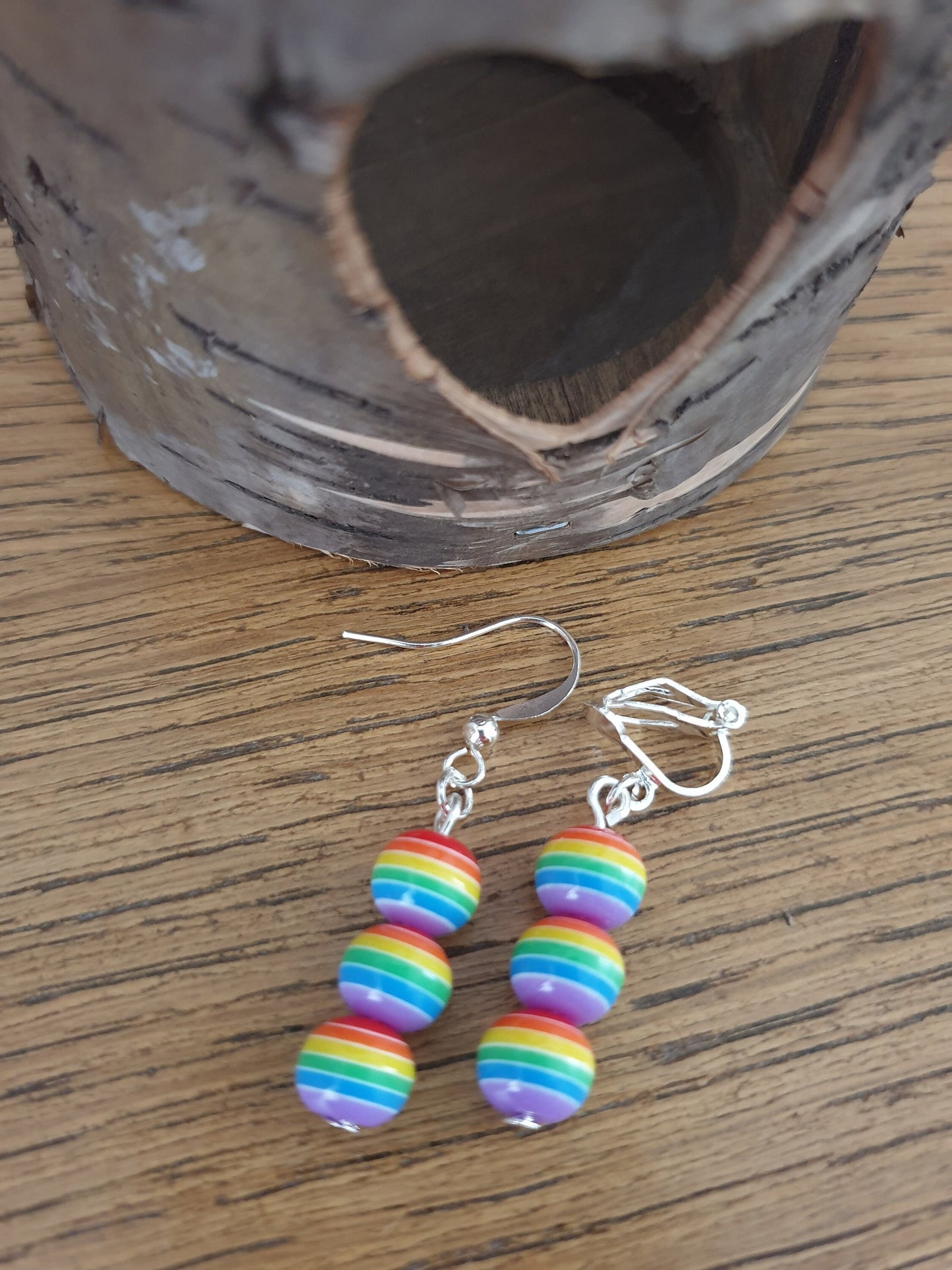 Rainbow Stripe Beaded Earrings. Clip On, Hypoallergenic, Allergy, Lead, Nickel Free