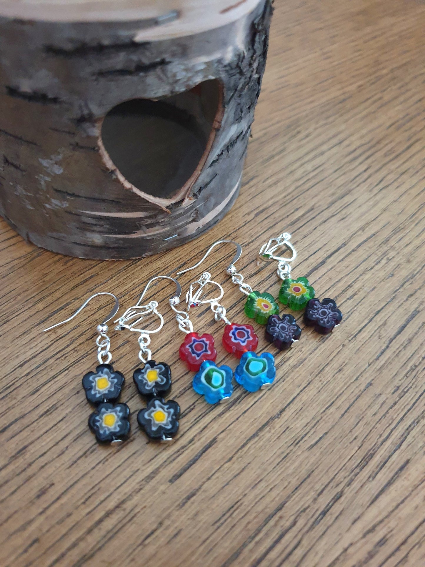 Millefiori Glass Flower Earrings. Floral, Blue, Yellow, Red, Black, Gift. Clip On, Hypoallergenic, Allergy, Lead, Nickel Free