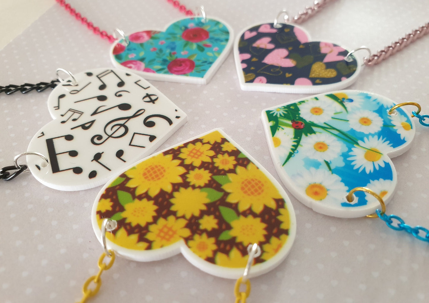 Heart Shaped Bib Style Necklace in a Choice of Designs. Flowers, Floral, Music, Candy, Hearts, Sunflower.