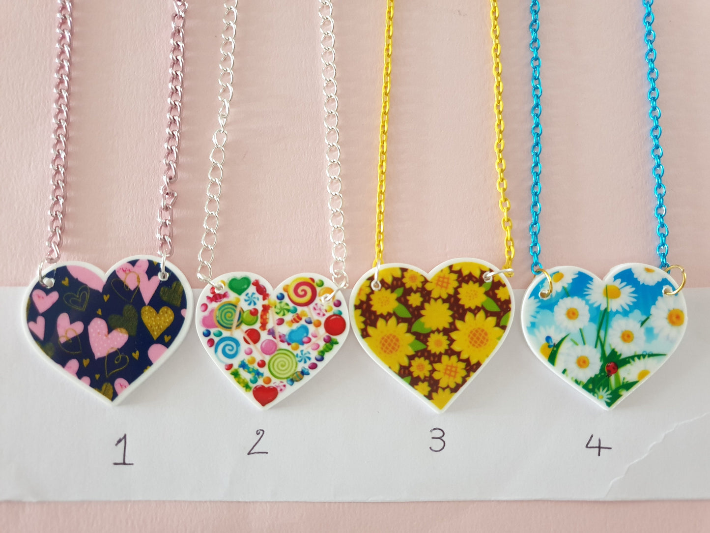 Heart Shaped Bib Style Necklace in a Choice of Designs. Flowers, Floral, Music, Candy, Hearts, Sunflower.
