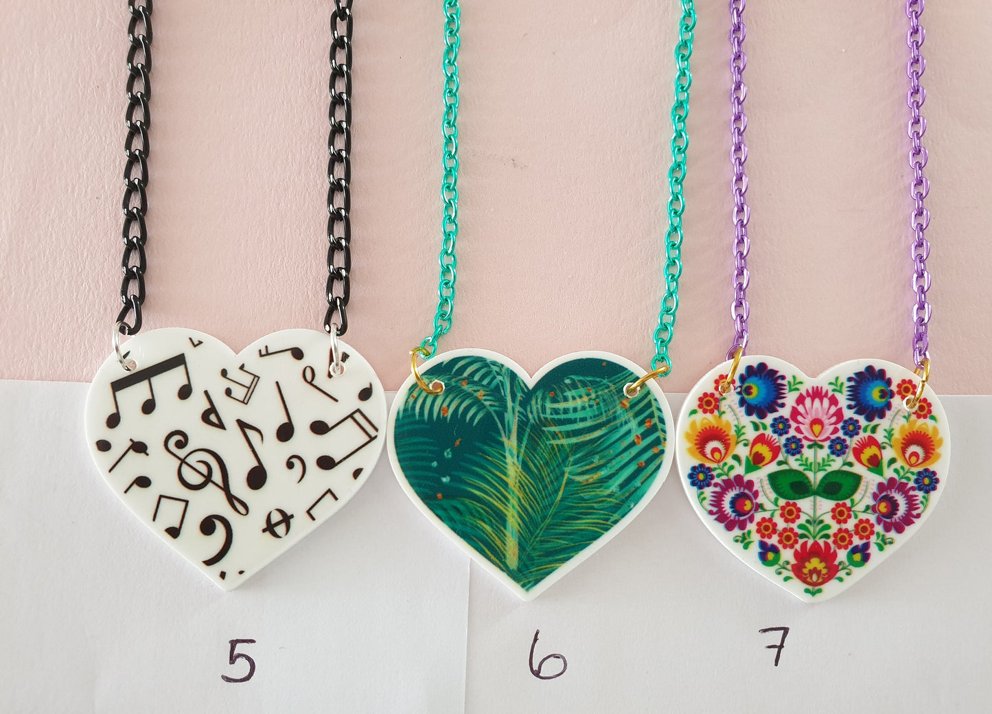 Heart Shaped Bib Style Necklace in a Choice of Designs. Flowers, Floral, Music, Candy, Hearts, Sunflower.
