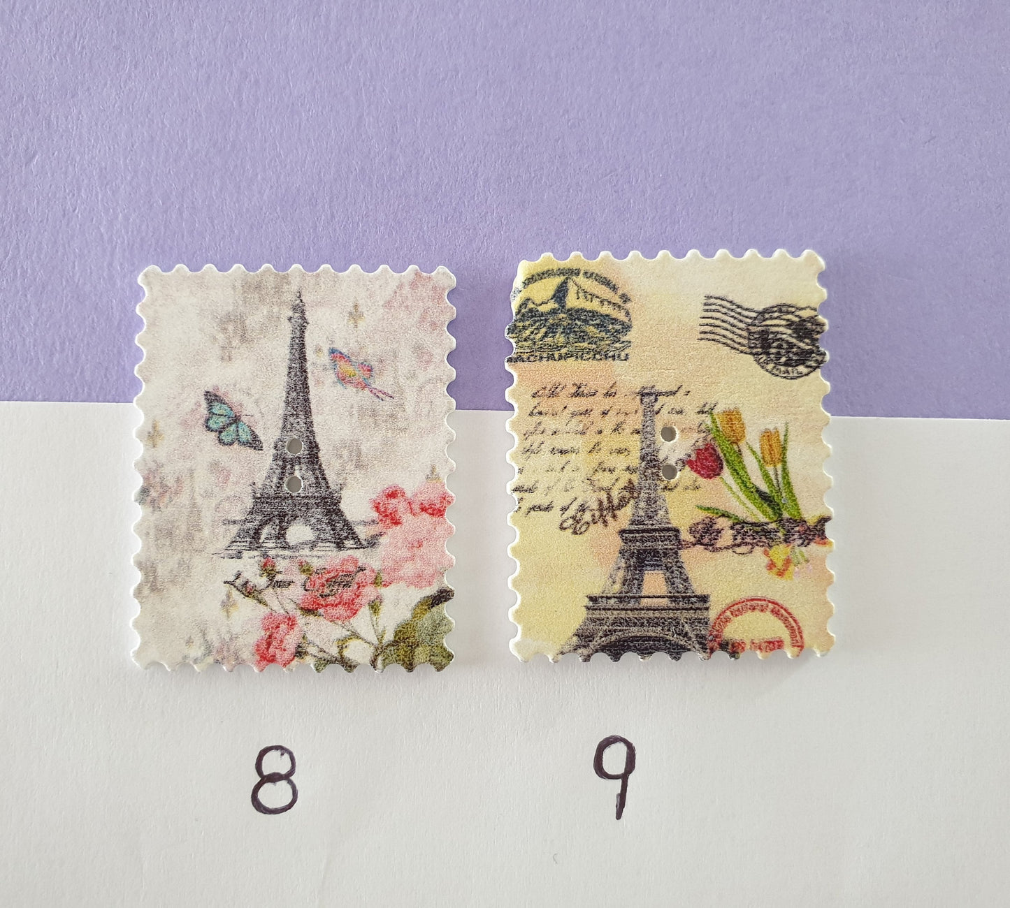 Wooden Vintage Style Postage Stamp Brooch. Badges, Flowers, Floral, Eiffel Tower, Birds, Spring, Gift For Her, Butterfly