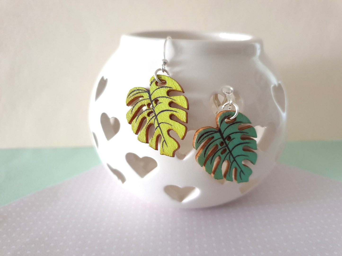 Wooden Monstera Leaf Earrings. Cheese Plant, Clip on, Hypoallergenic, Allergy, Lead, Nickel Free. Summer, Gift For Her