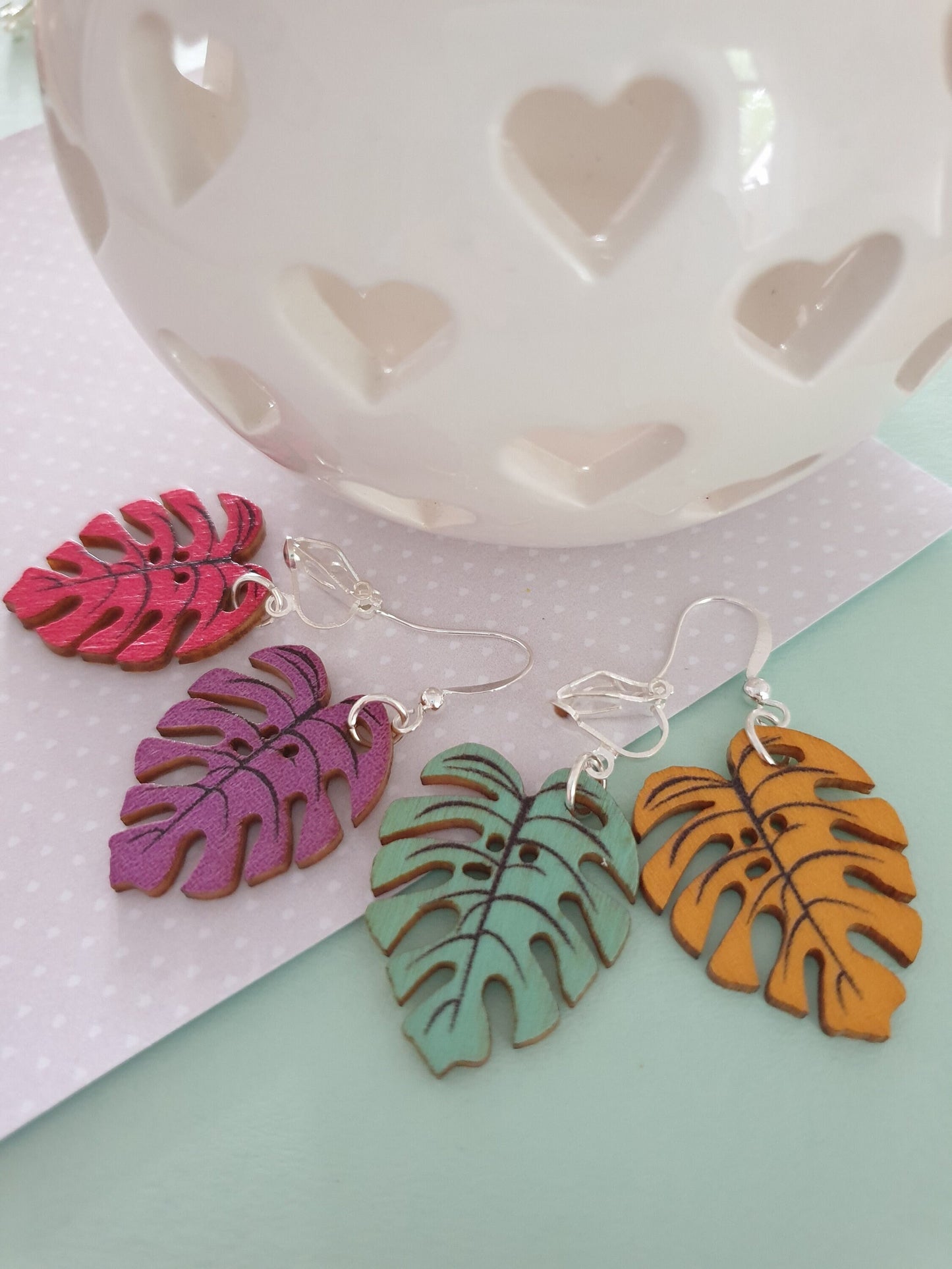 Wooden Monstera Leaf Earrings. Cheese Plant, Clip on, Hypoallergenic, Allergy, Lead, Nickel Free. Summer, Gift For Her