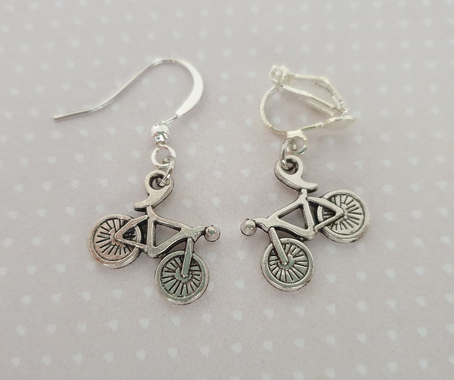Bicycle Bike Silver Earrings. Cycling, Cycle, Sport. Clip On, Hypoallergenic, Allergy, Lead, Nickel Free.