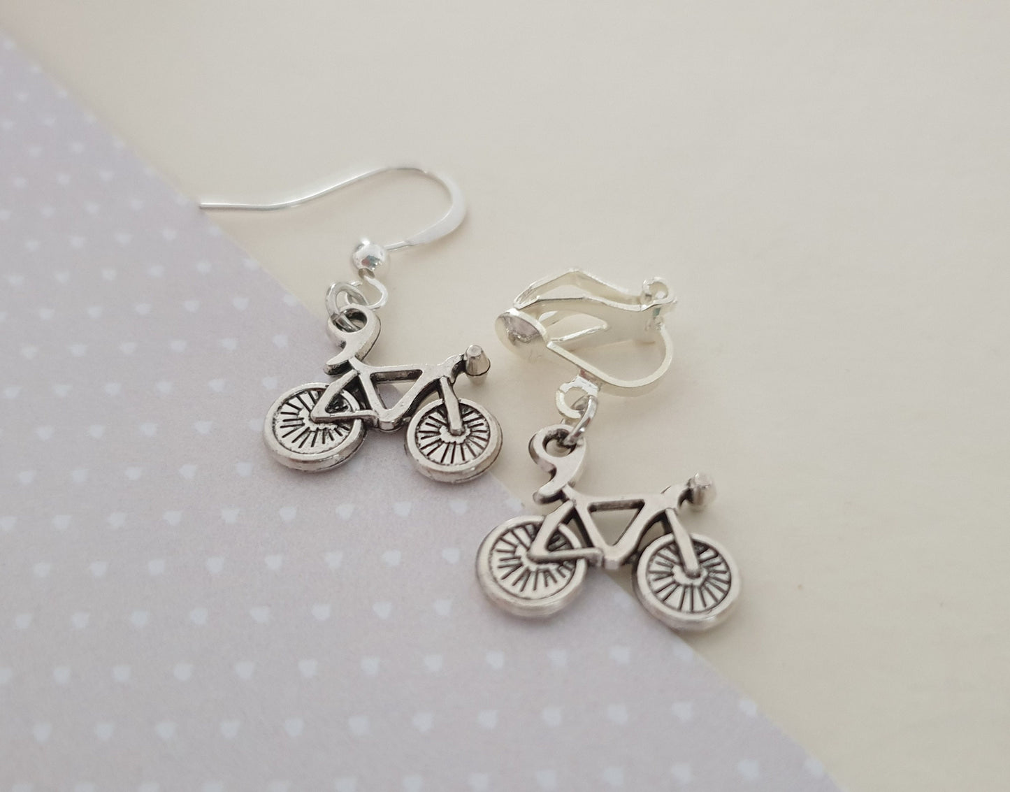 Bicycle Bike Silver Earrings. Cycling, Cycle, Sport. Clip On, Hypoallergenic, Allergy, Lead, Nickel Free.