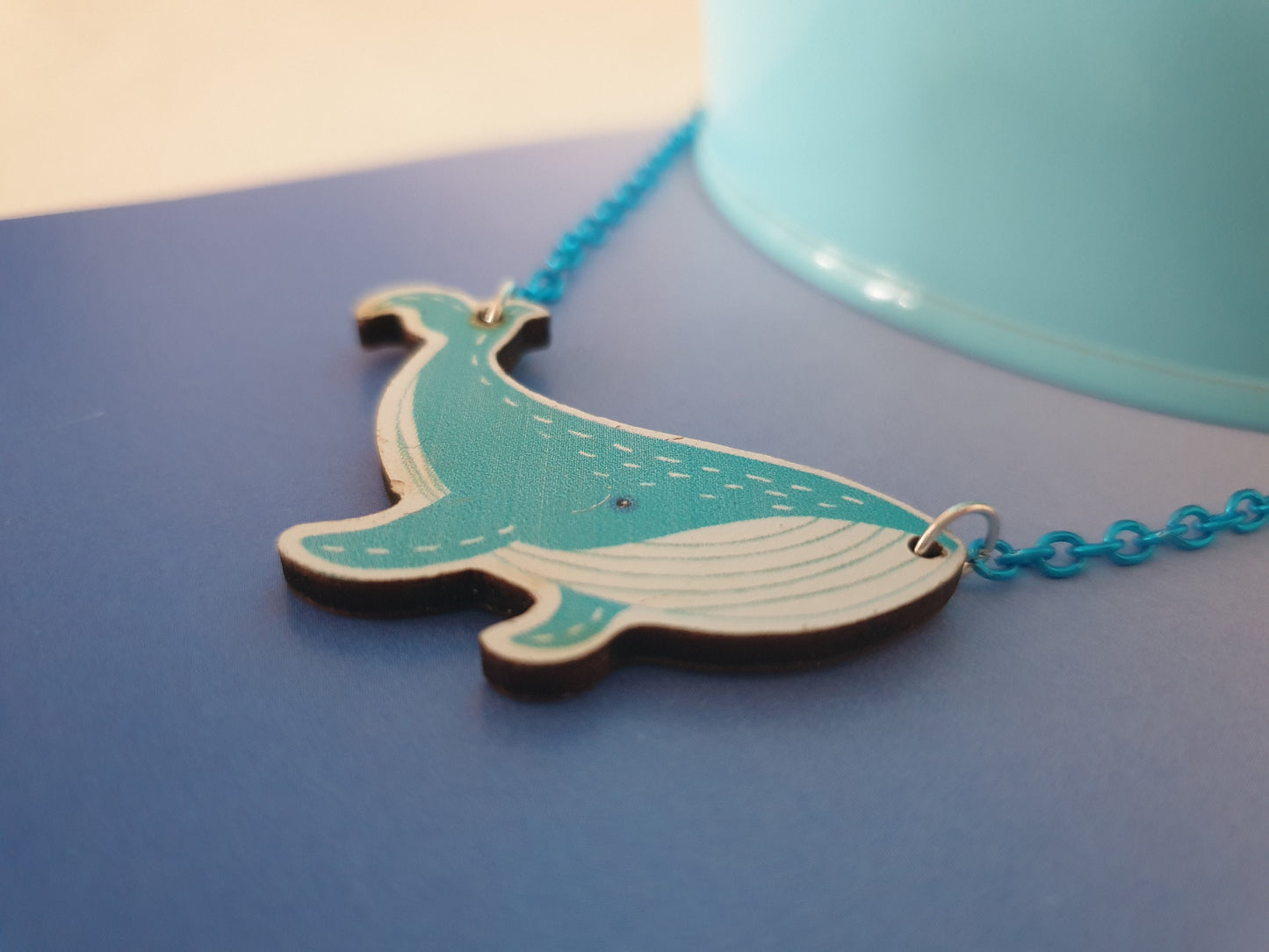 Wooden Whale Bib Style Necklace. Blue, Humpback, Ocean, Sea, Summer.  Gift for Her