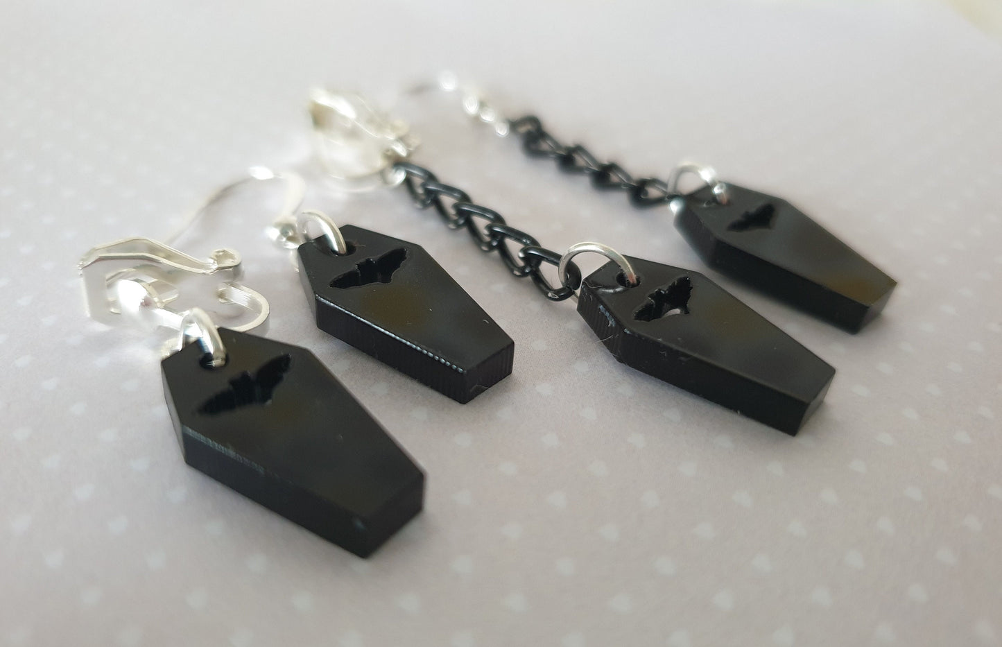 Bat Coffin Small Drop Dangle Earrings Halloween Spooky Clip Ons, Hypoallergenic Allergy Nickel Lead Free Stocking Filler