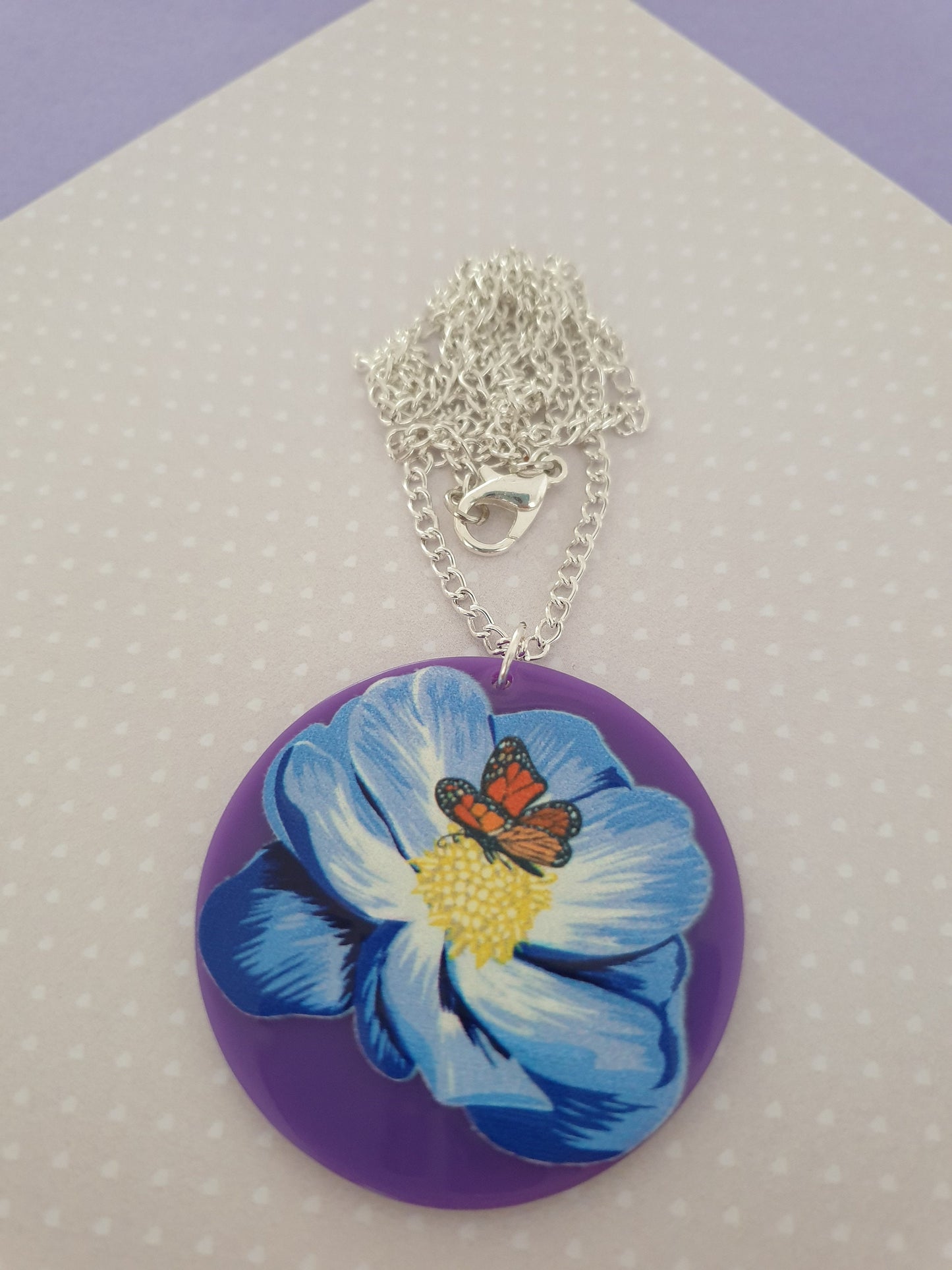 Circular Purple Floral Statement Necklace. Pendant and Chain. Butterfly. Mothers Day Gift.  Stocking Filler