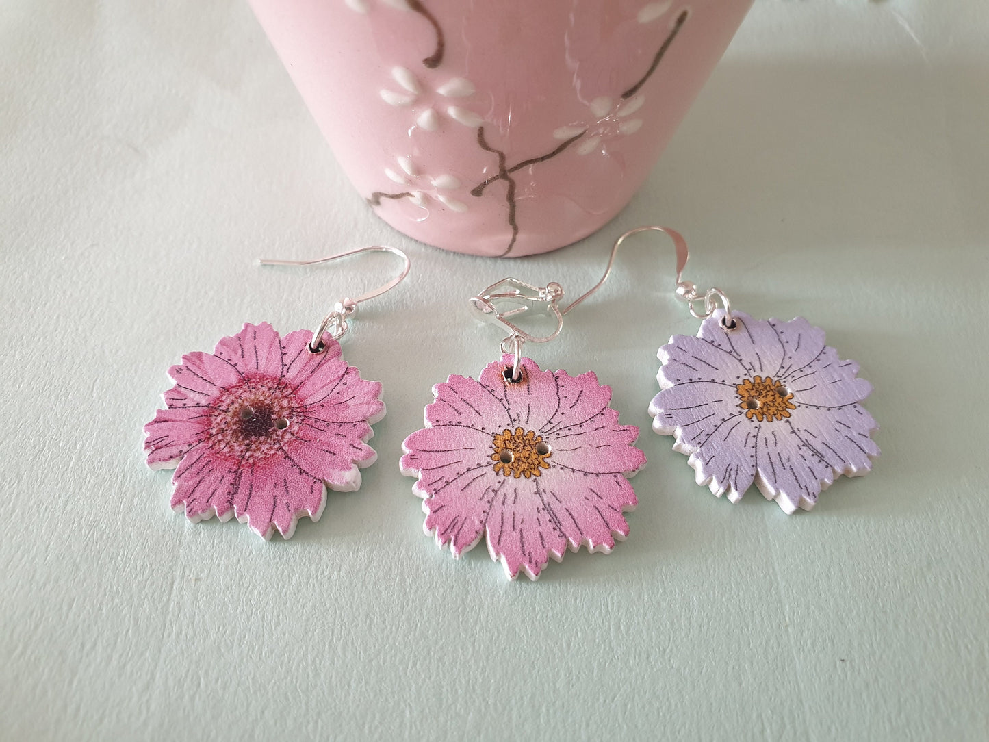 Wooden Daisy Type Flower Earrings. Colourful. Clip On, Hypoallergenic, Allergy, Lead, Nickel Free. Gift