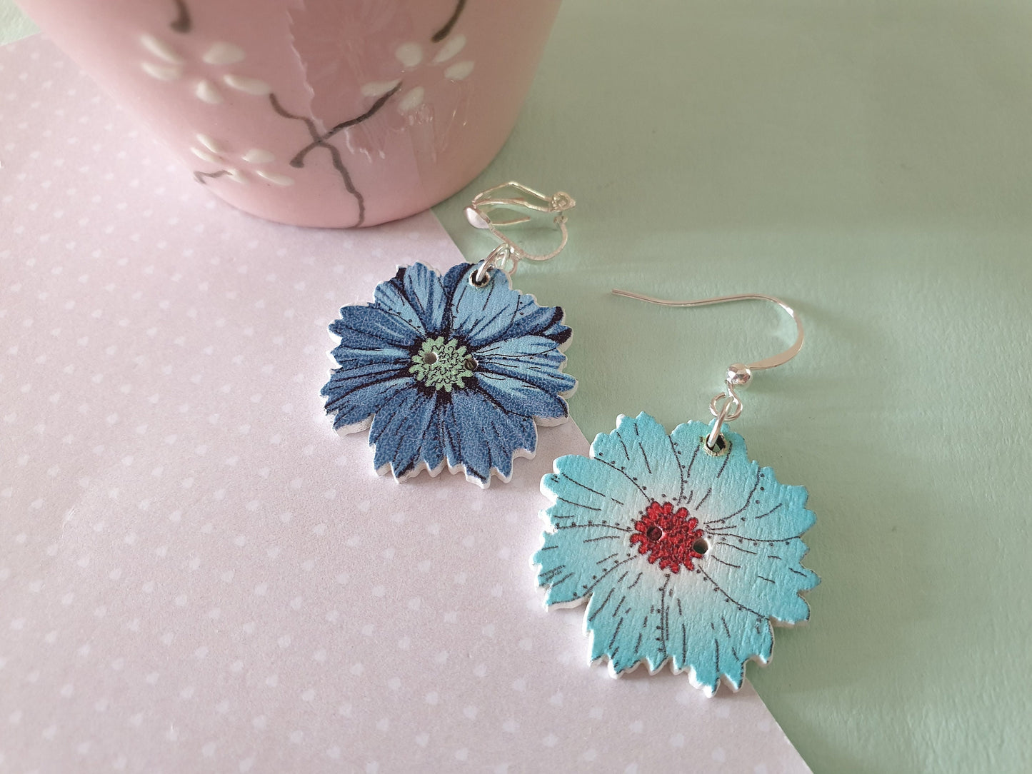 Wooden Daisy Type Flower Earrings. Colourful. Clip On, Hypoallergenic, Allergy, Lead, Nickel Free. Gift