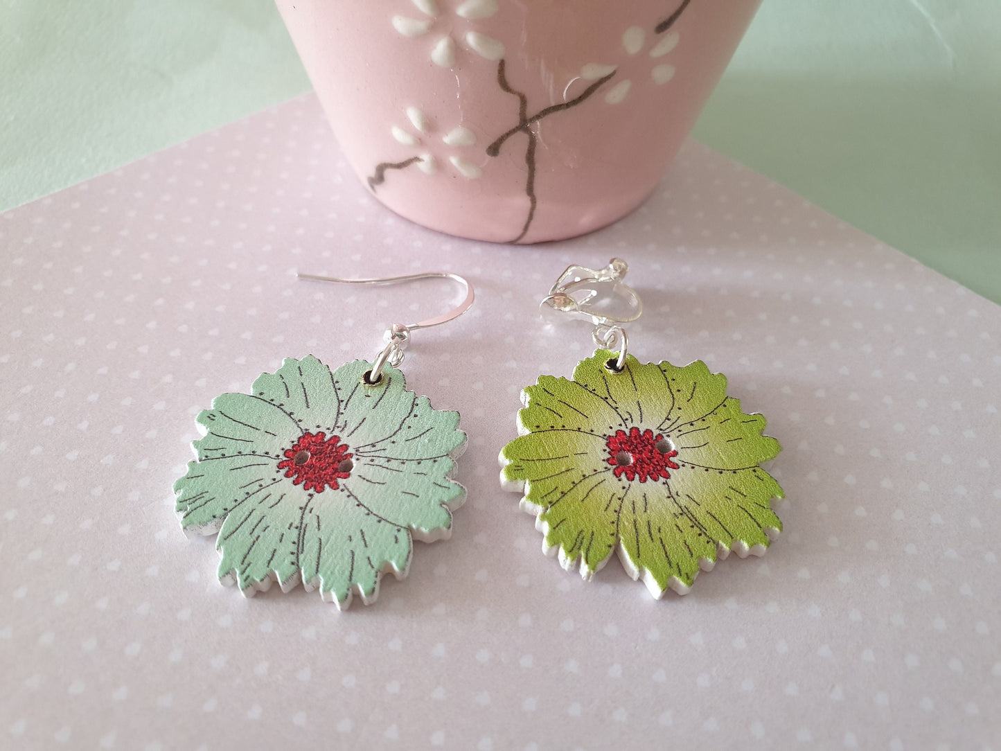 Wooden Daisy Type Flower Earrings. Colourful. Clip On, Hypoallergenic, Allergy, Lead, Nickel Free. Gift