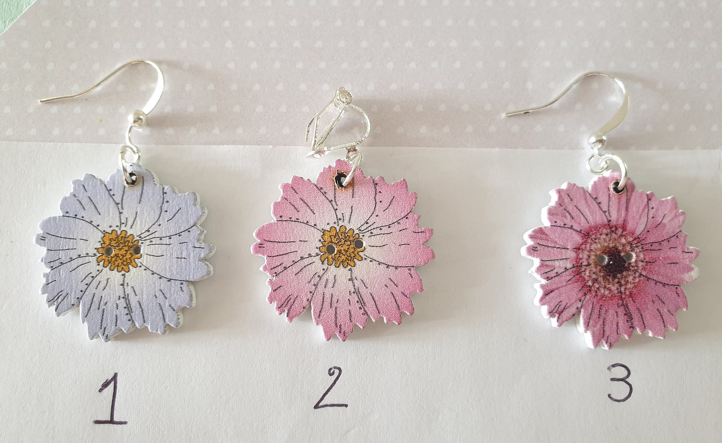 Wooden Daisy Type Flower Earrings. Colourful. Clip On, Hypoallergenic, Allergy, Lead, Nickel Free. Gift