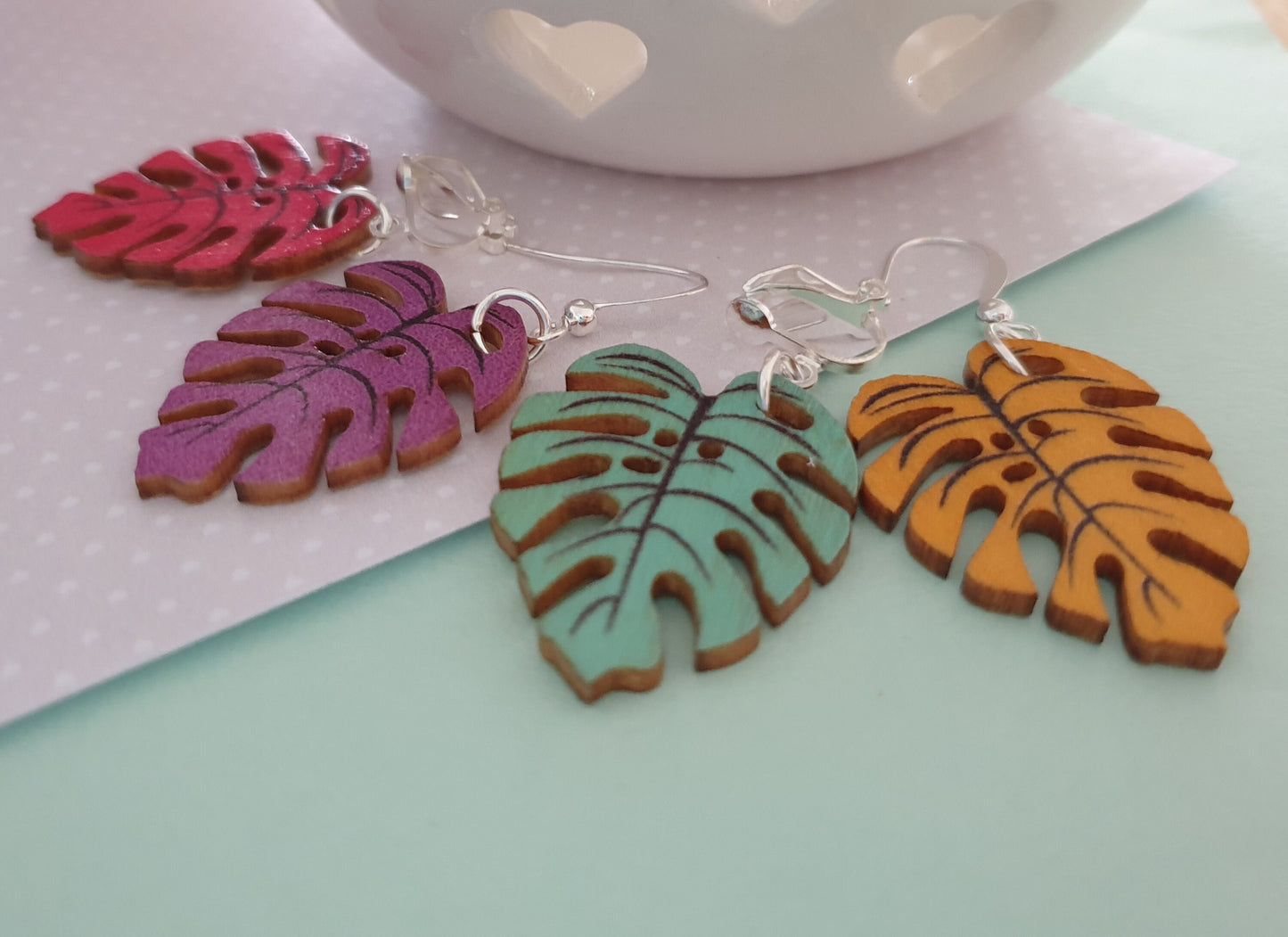 Wooden Monstera Leaf Earrings. Cheese Plant, Clip on, Hypoallergenic, Allergy, Lead, Nickel Free. Summer, Gift For Her