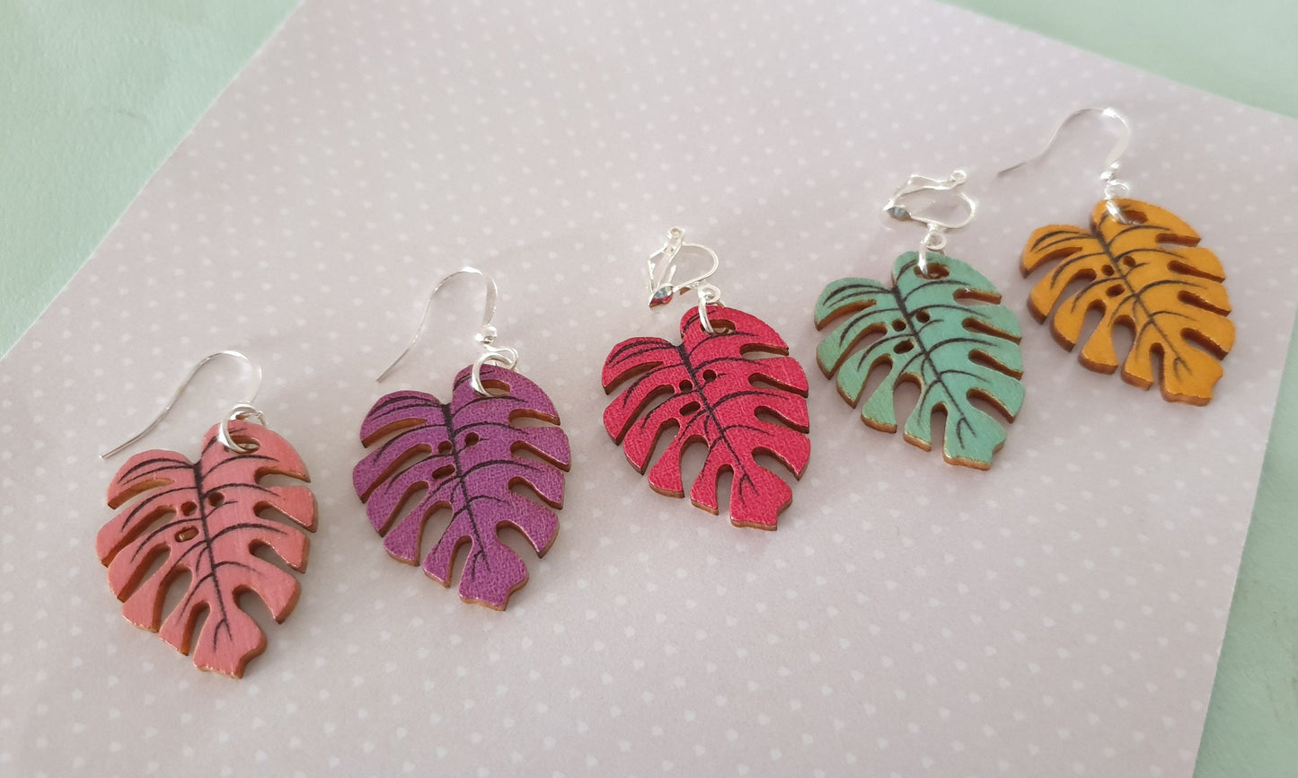 Wooden Monstera Leaf Earrings. Cheese Plant, Clip on, Hypoallergenic, Allergy, Lead, Nickel Free. Summer, Gift For Her