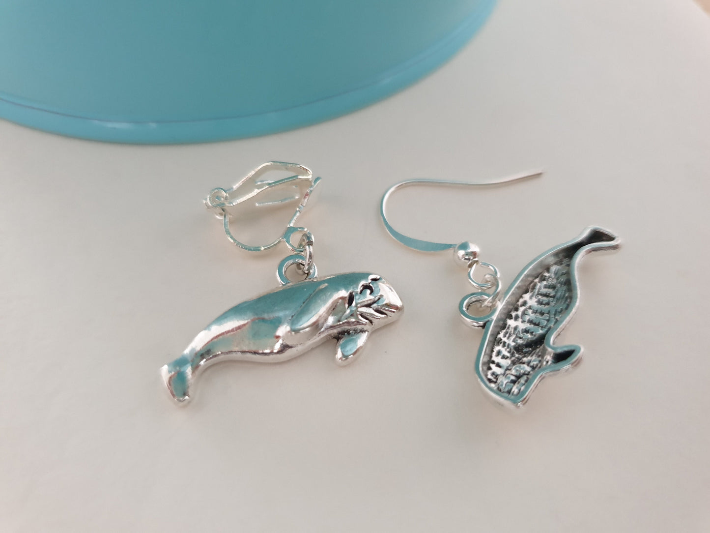 Manta Ray, Whale or Manatee Silver Earrings. Clip On, Hypoallergenic, Allergy, Nickel, Lead Free. Sea Life, Ocean, Animals, Fish