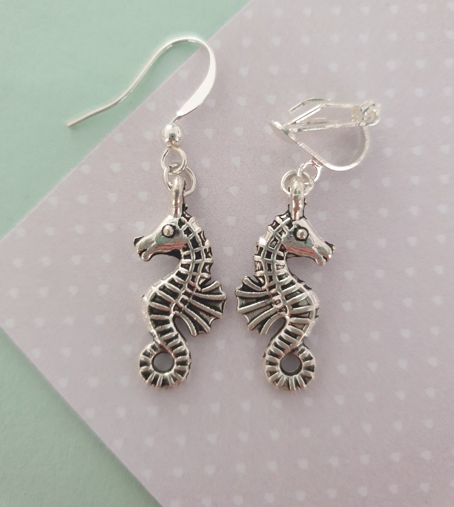 Seahorse Silver Earrings. Sea Horse, Sealife, Ocean, Animals. Clip On, Hypoallergenic, Allergy, Lead, Nickel Free. Gift for Her. Summer