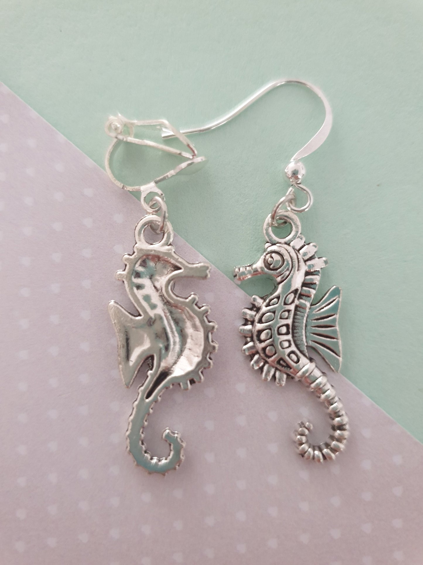 Seahorse Silver Earrings. Sea Horse, Sealife, Ocean, Animals. Clip On, Hypoallergenic, Allergy, Lead, Nickel Free. Gift for Her. Summer