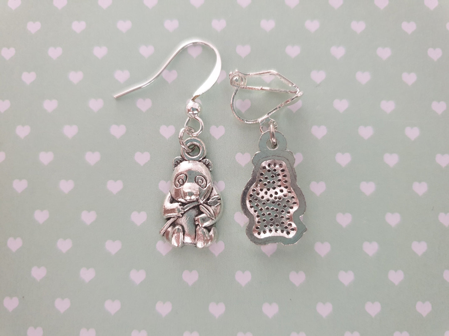 Panda Silver Earrings. Animals, Bear, Bamboo. Clip Ons, Hypoallergenic, Allergy, Lead, Nickel Free. Gift for Her