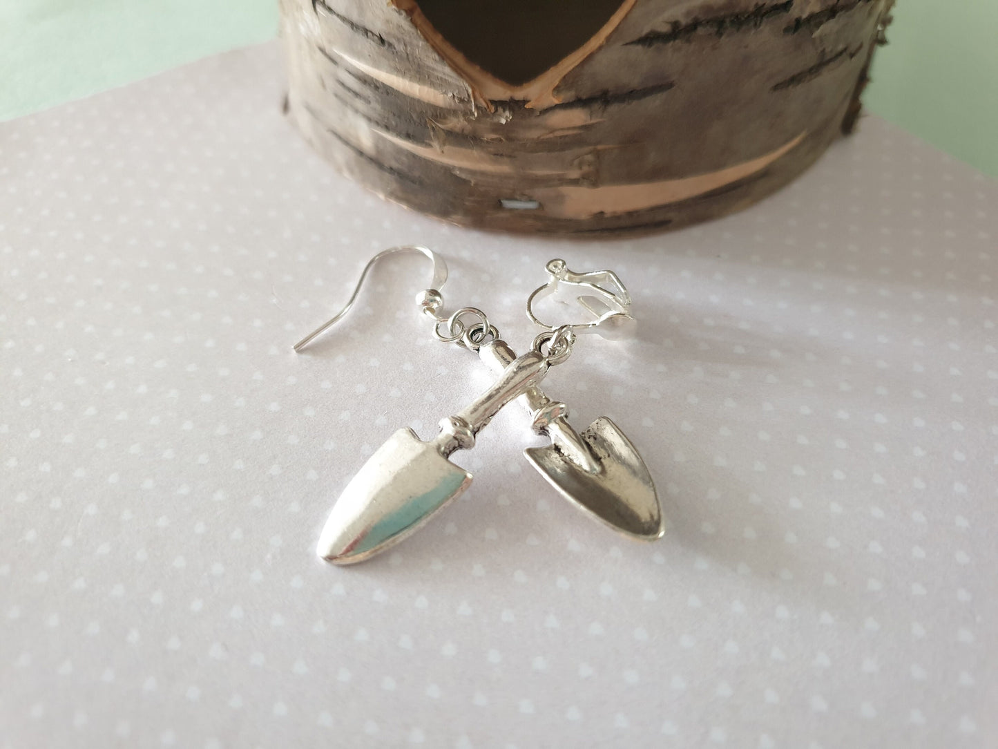 Gardeners Trowel Earrings. Spade, Silver, Hand Tool, Gardening, Garden. Clip On, Hypoallergenic, Allergy, Nickel, Lead Free. Gift