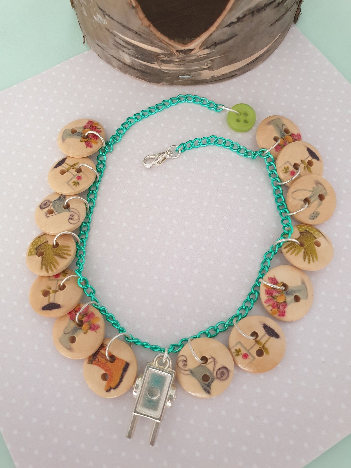 Gardeners Button Charm Bracelet. Wheelbarrow, Garden, Gardening, Horticulture, Plants, Flowers. Gift