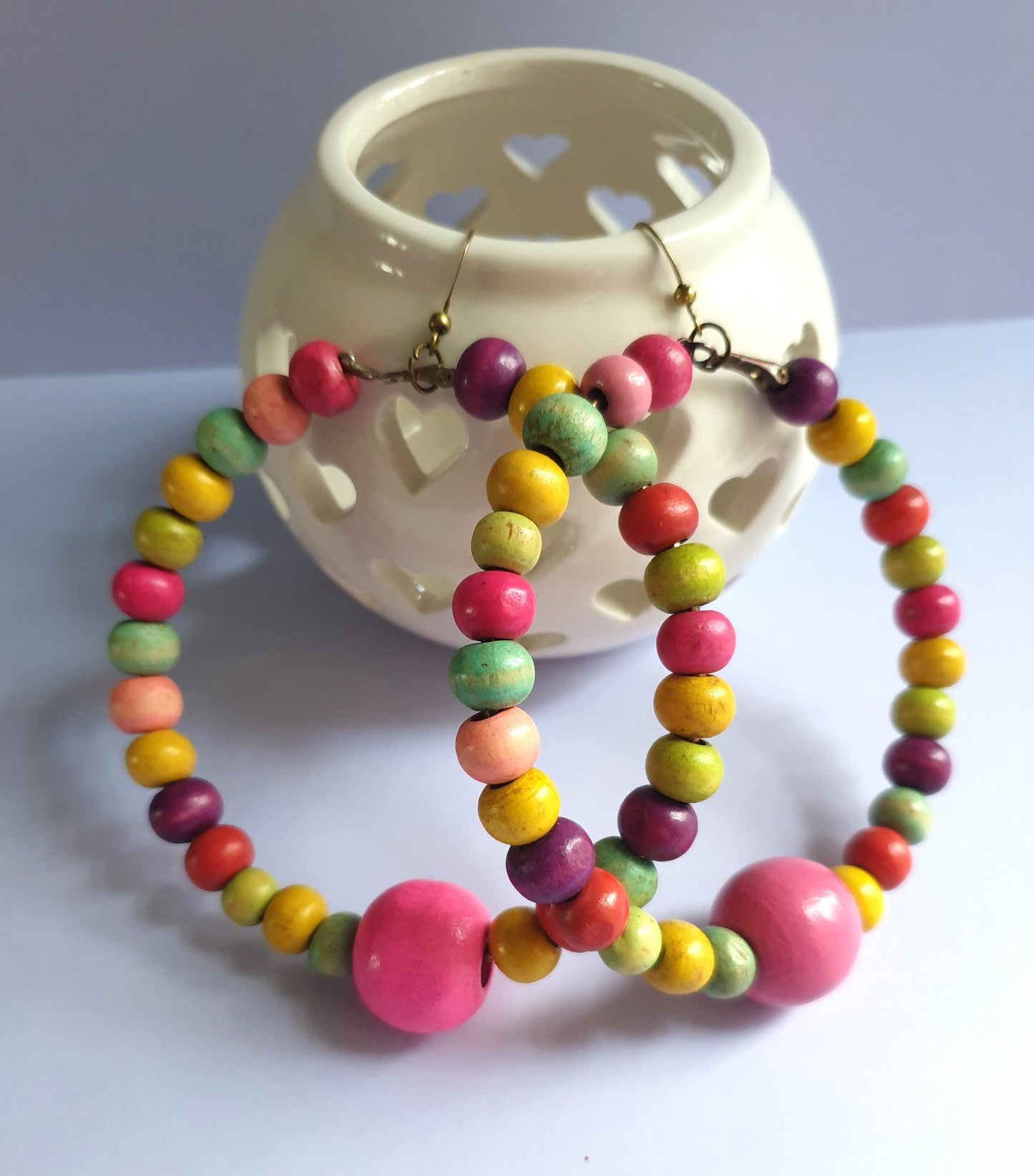 Recycled Multi Colour Wooden Beaded Hoop Earrings. Hypoallergenic, Nickel and Allergy Free