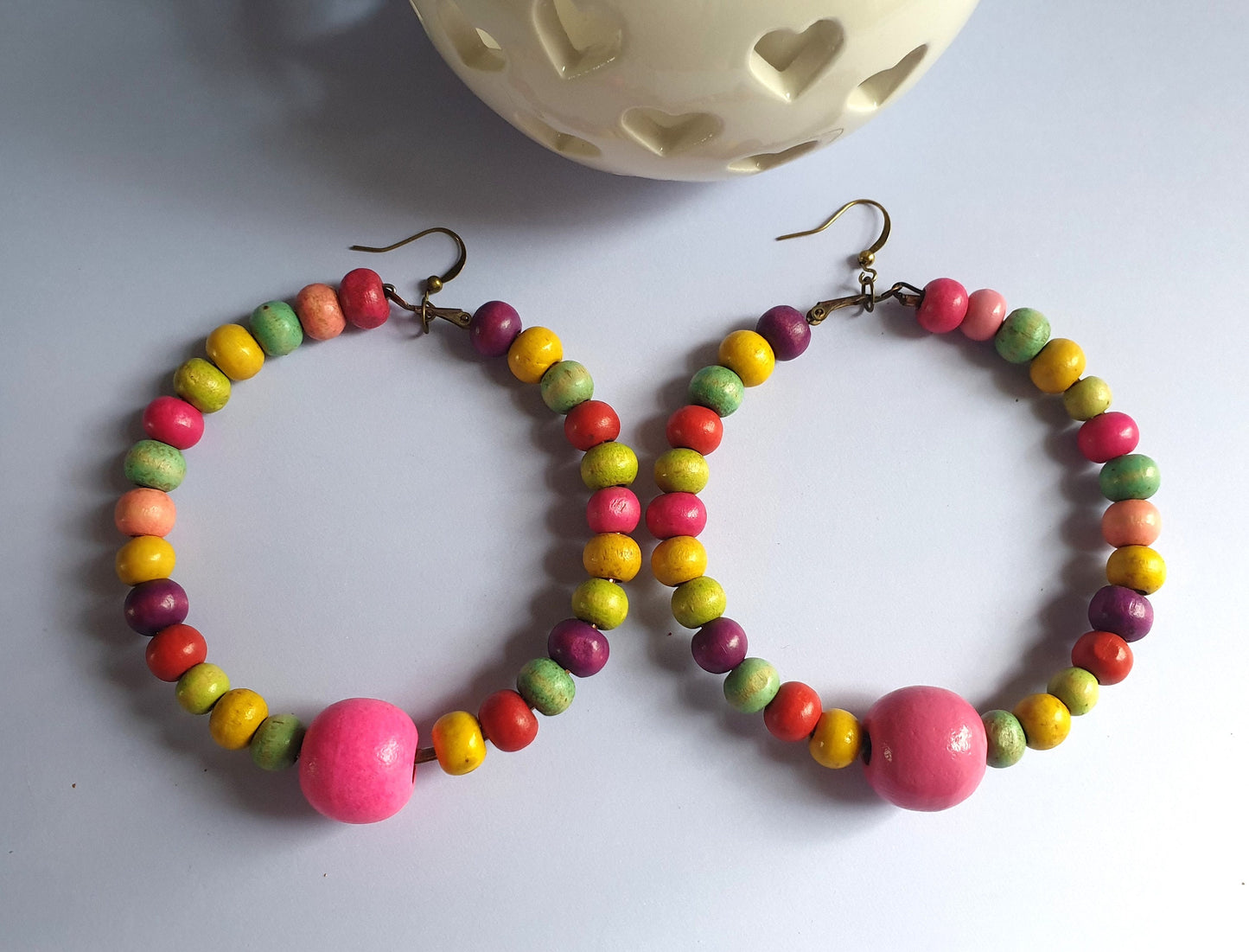 Recycled Multi Colour Wooden Beaded Hoop Earrings. Hypoallergenic, Nickel and Allergy Free