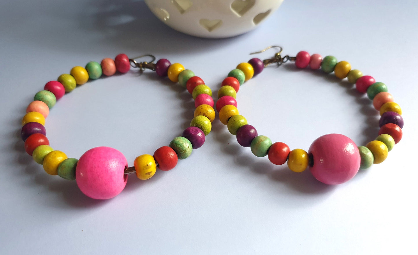 Recycled Multi Colour Wooden Beaded Hoop Earrings. Hypoallergenic, Nickel and Allergy Free