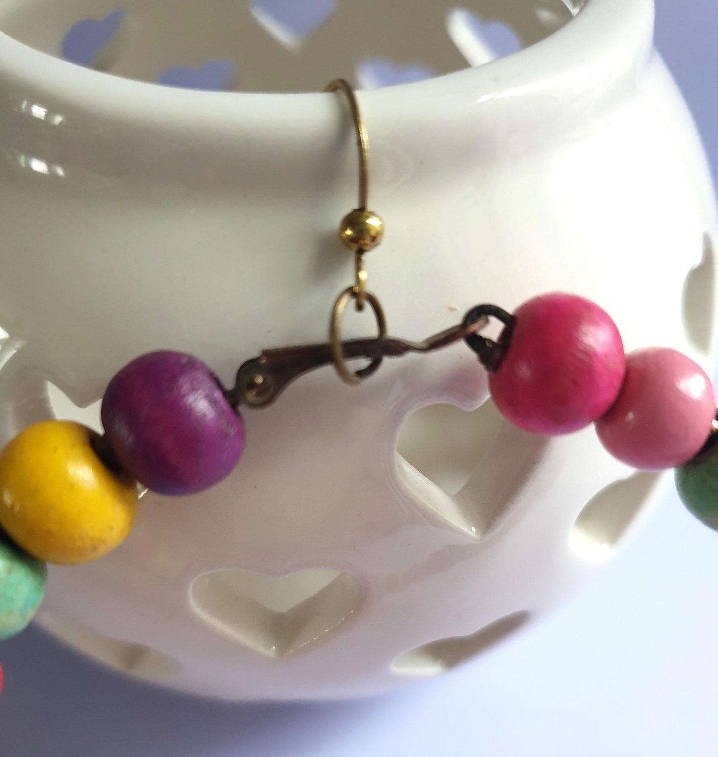 Recycled Multi Colour Wooden Beaded Hoop Earrings. Hypoallergenic, Nickel and Allergy Free