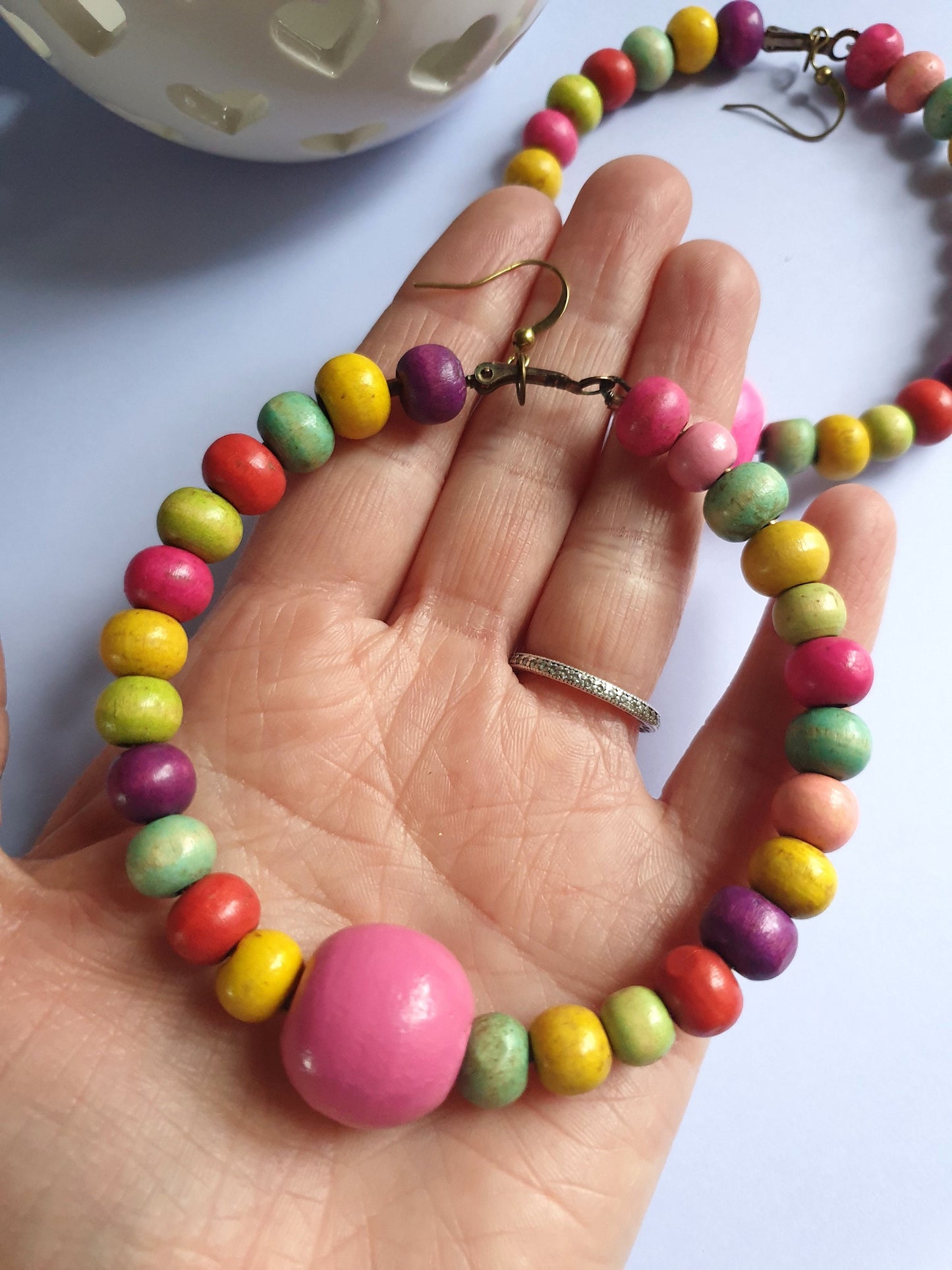 Recycled Multi Colour Wooden Beaded Hoop Earrings. Hypoallergenic, Nickel and Allergy Free